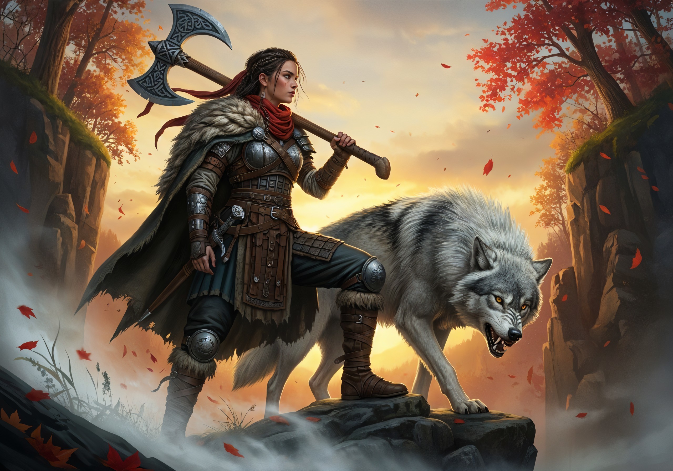 Fierce Warrior with Axe and Wolf in Dramatic Landscape