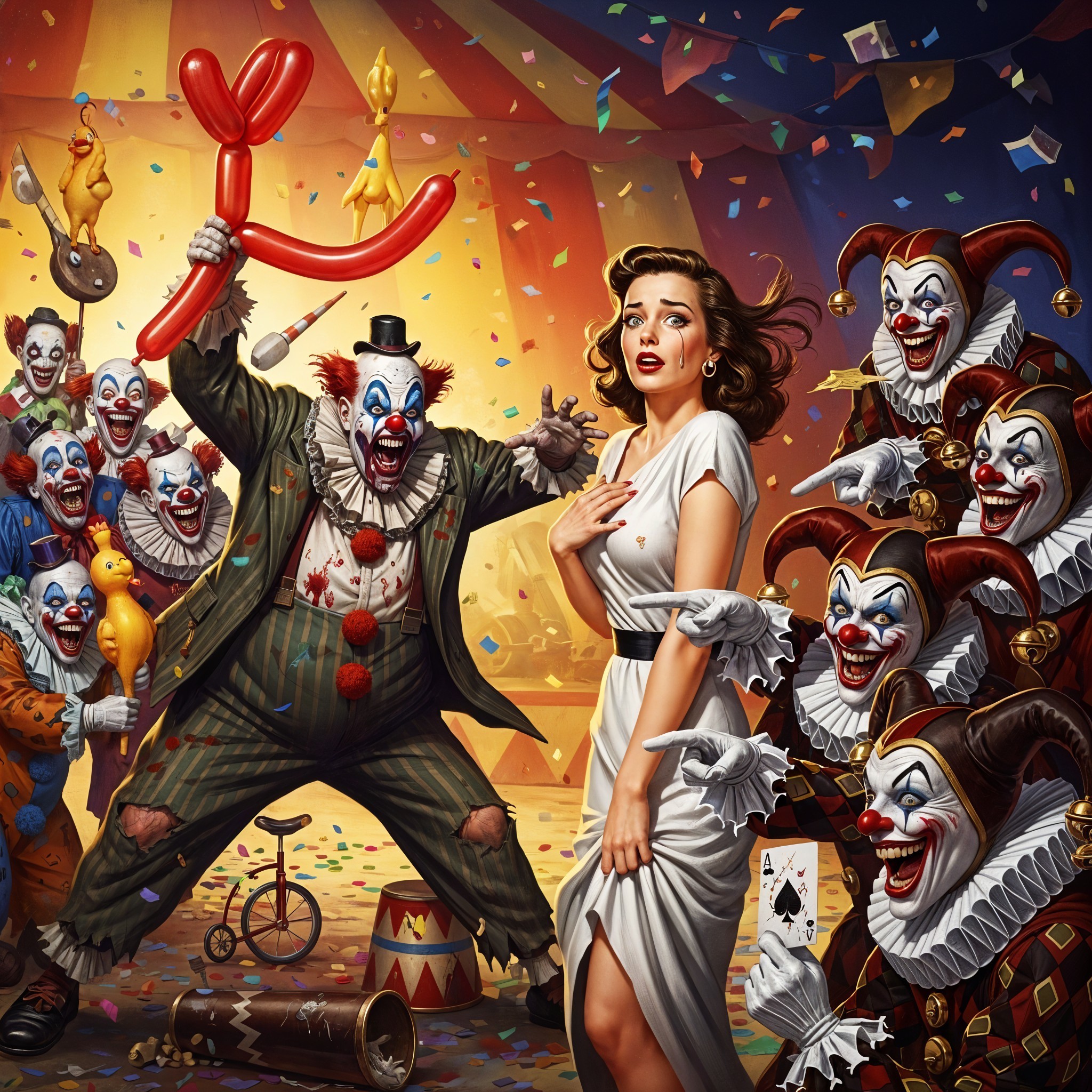 Eerie Clowns Surround Woman in Circus Scene