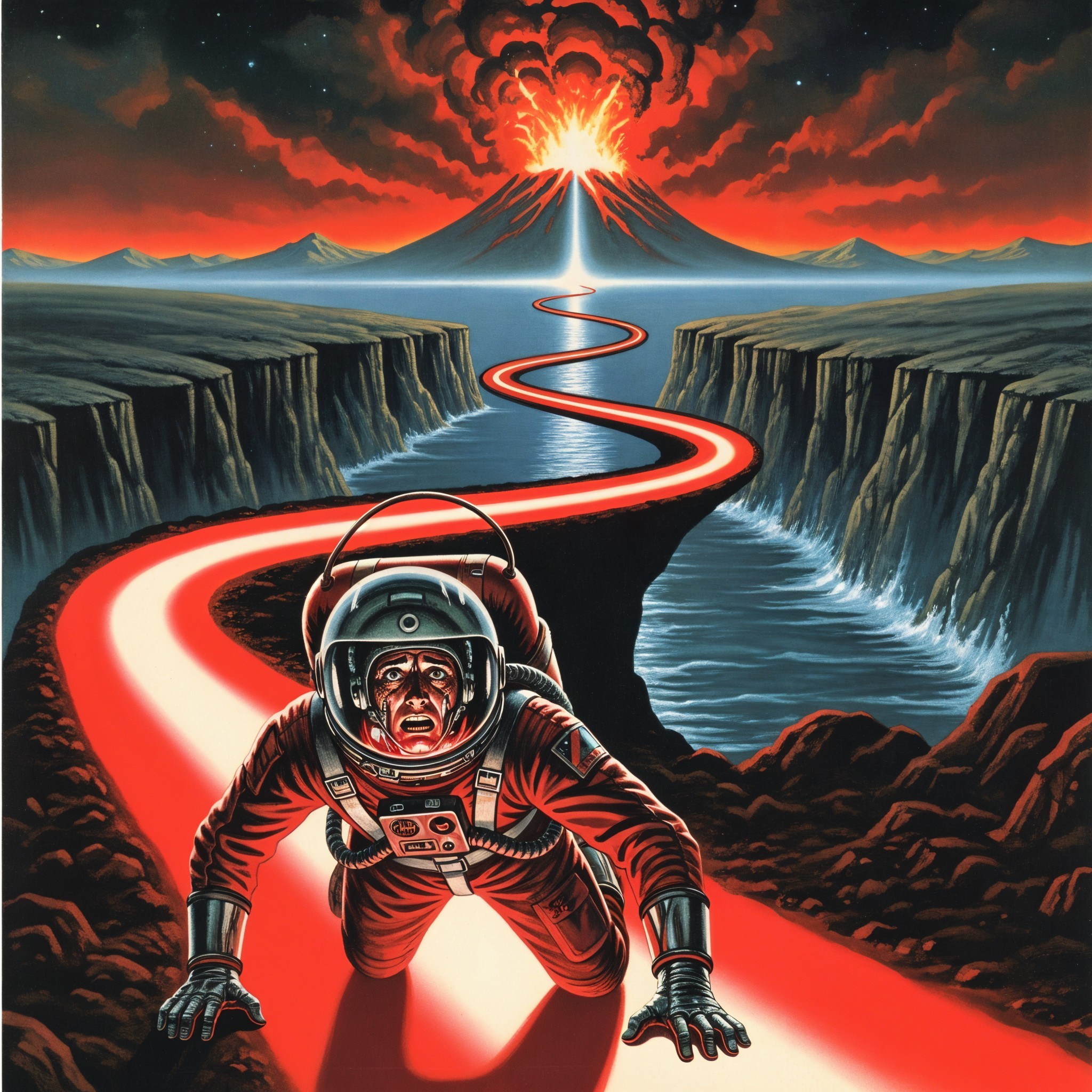 Astronaut on Glowing Path Amid Volcanic Eruption