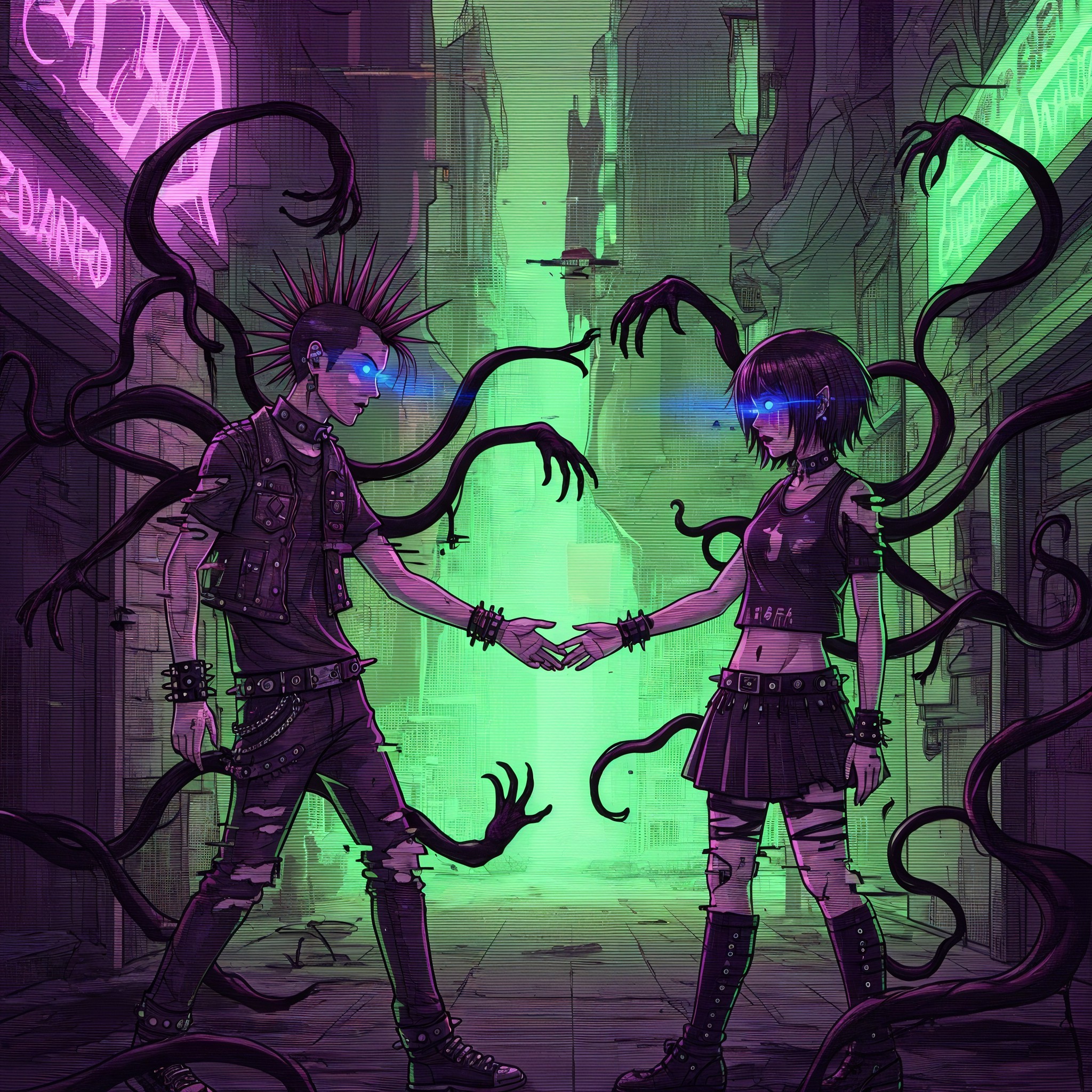 Dystopian Alley Scene with Neon Lights and Figures