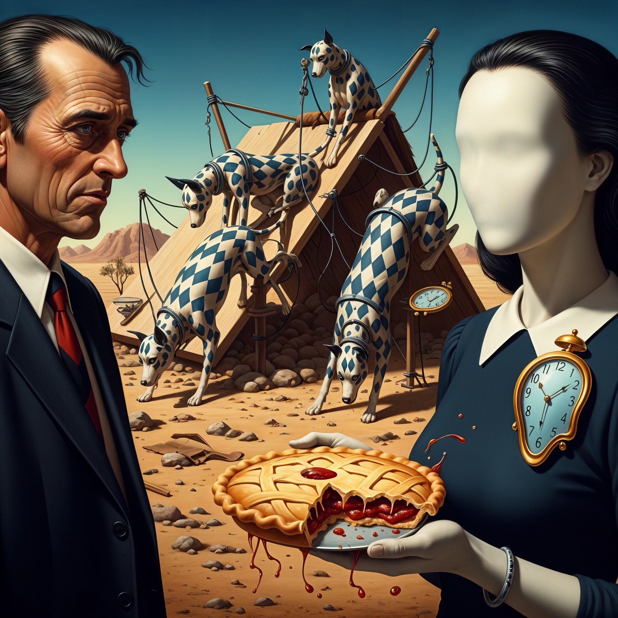 Surreal Scene with Faceless Woman and Whimsical Horses