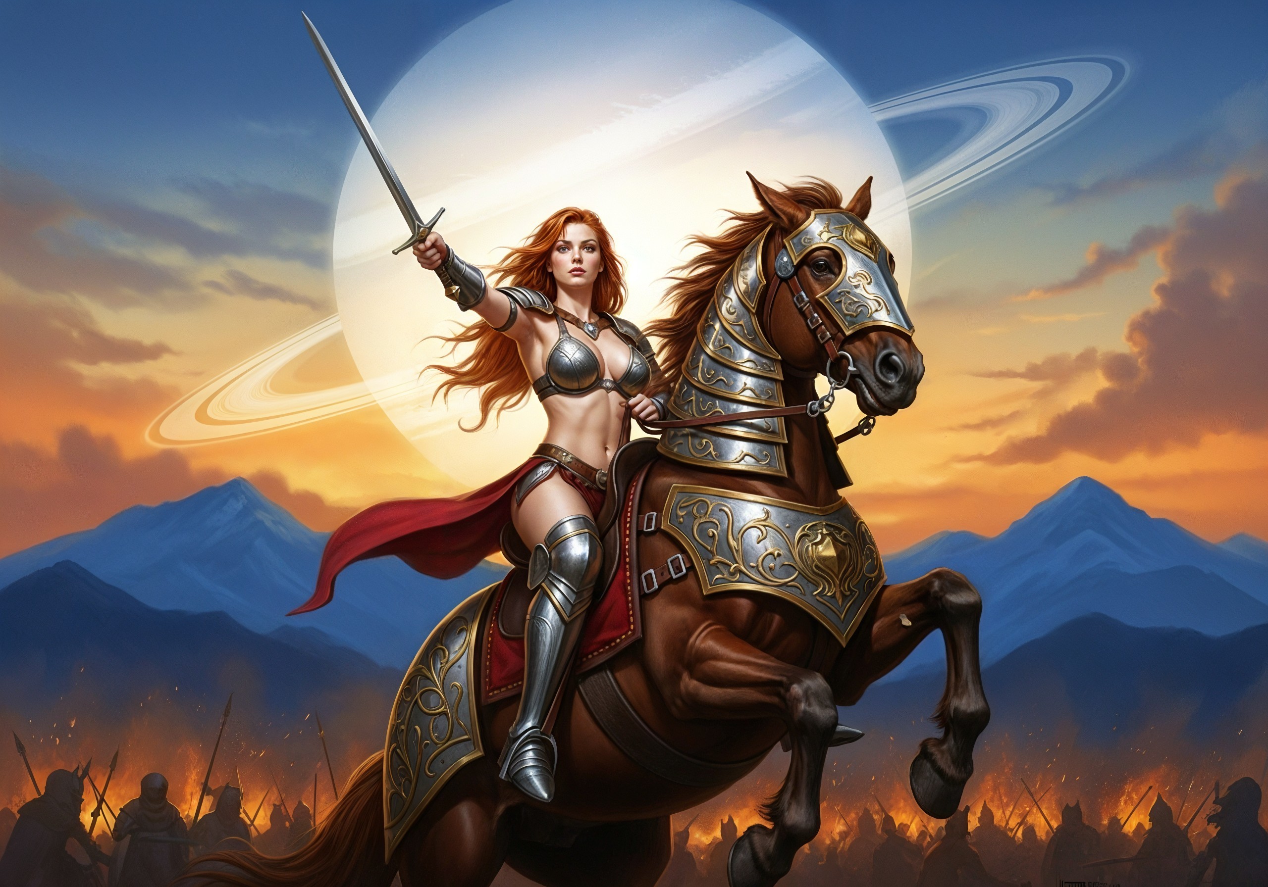 Fierce Warrior Woman on Horse in Sci-Fi Landscape