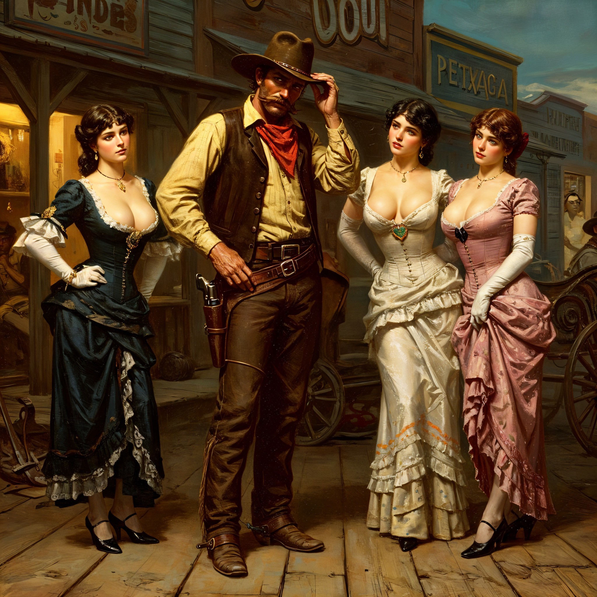 Cowboy Surrounded by Elegantly Dressed Women in Wild West
