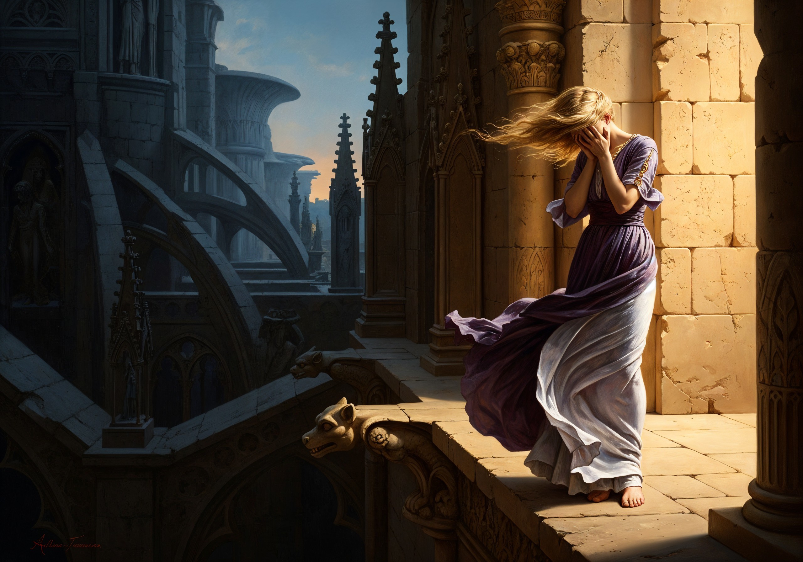 Gothic Balcony Scene with Solitary Figure in Lavender Dress