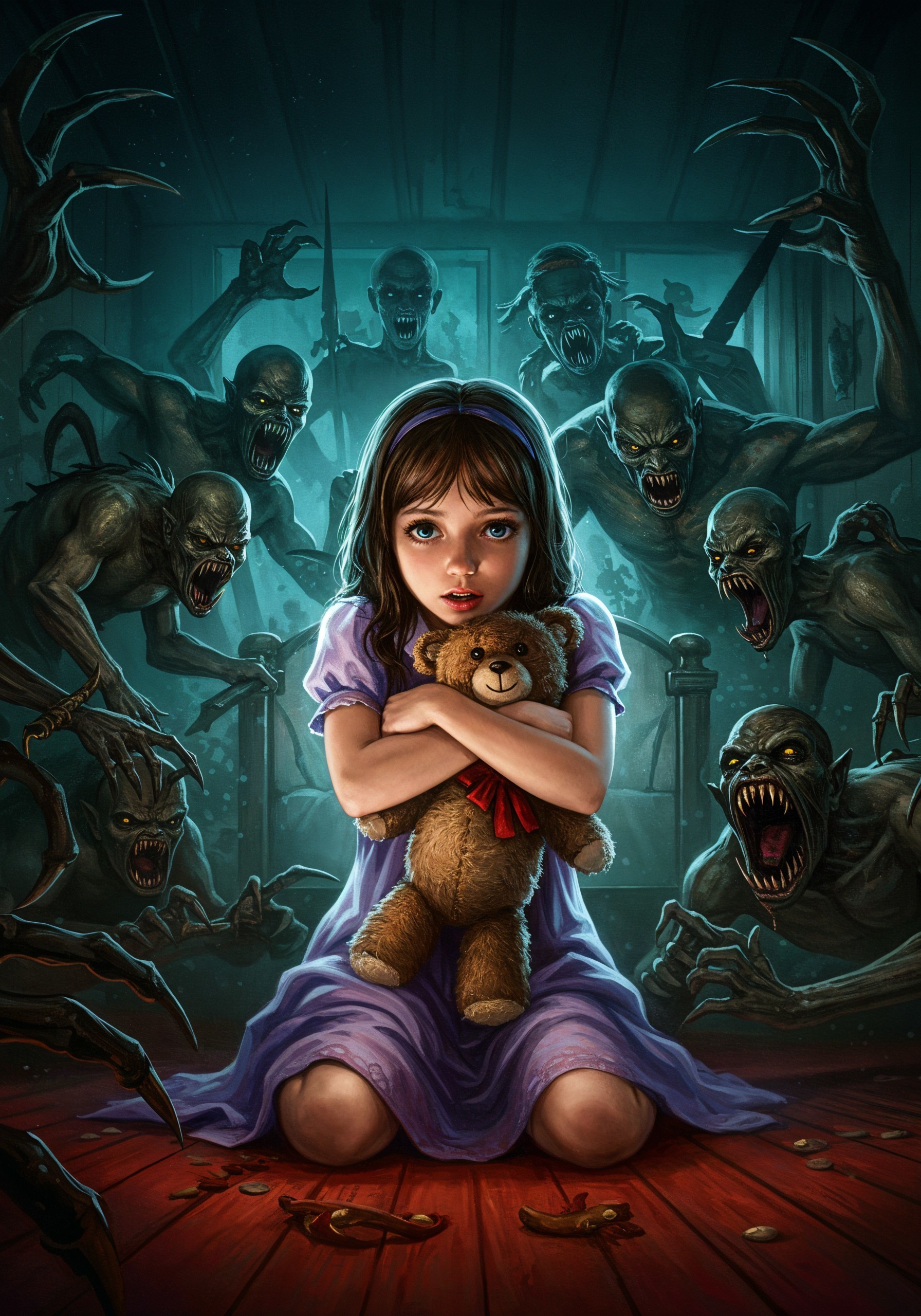 Young girl with teddy bear in eerie dimly lit room