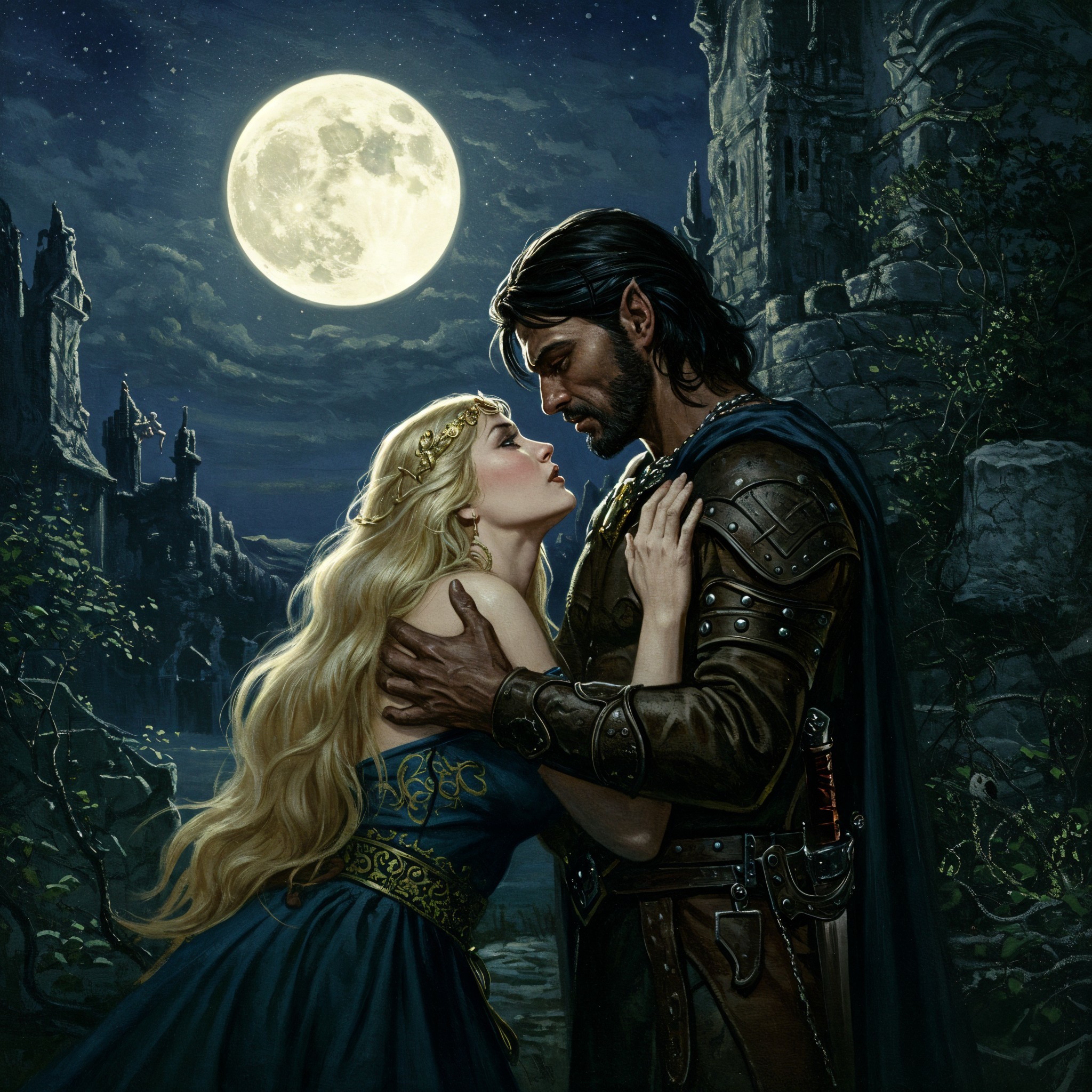 Knight and Woman Embrace in Moonlit Ruins