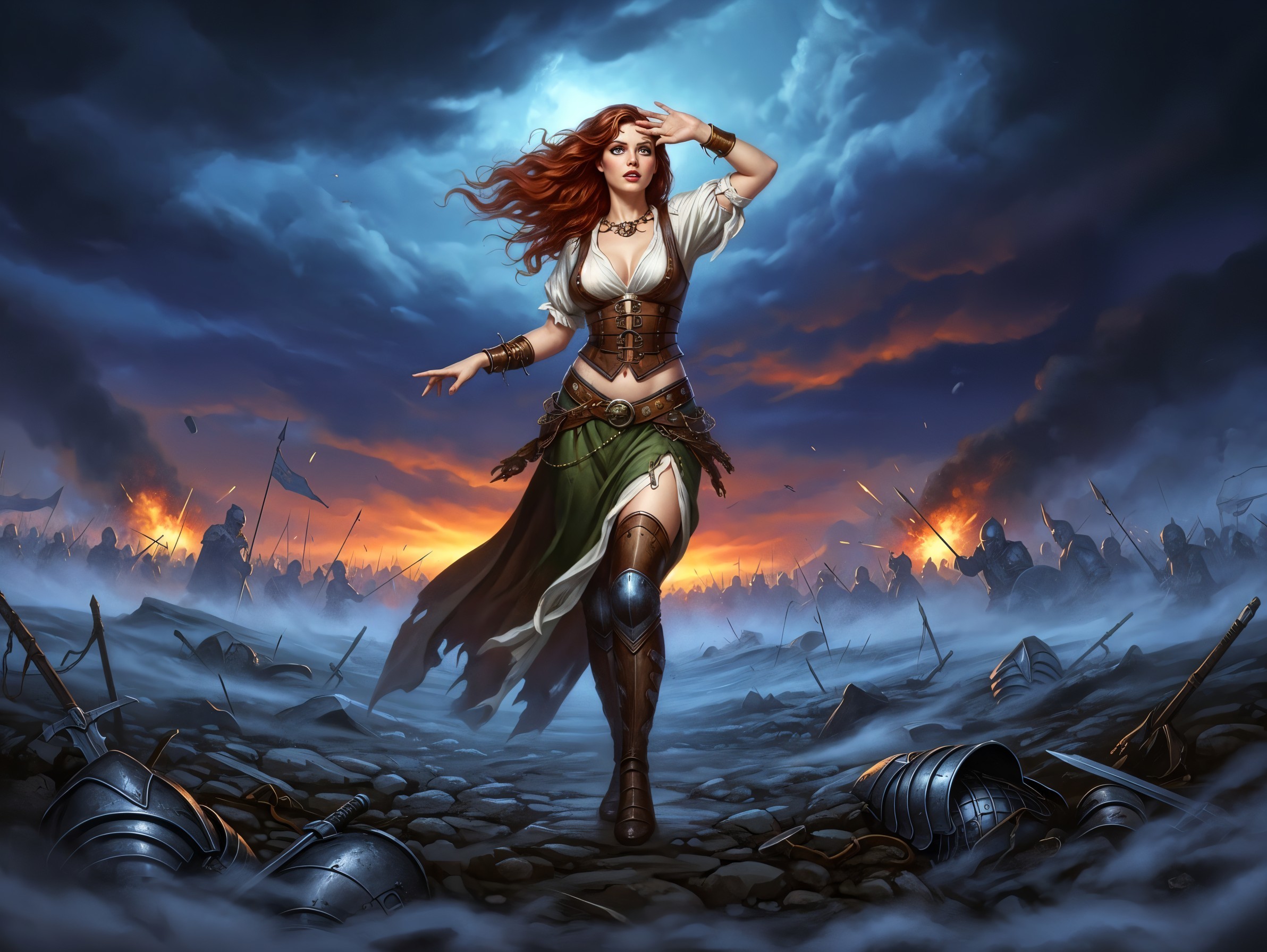 Confident Woman in Battlefield Attire with Red Hair