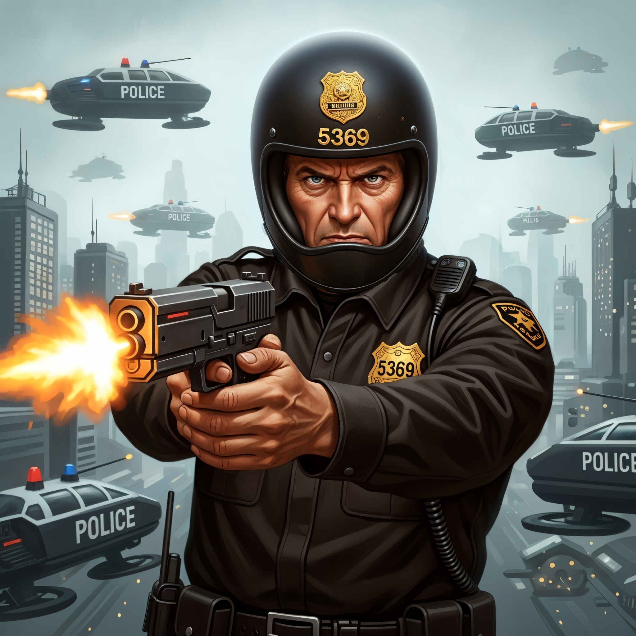 Police Officer in Tactical Gear with Futuristic Cityscape