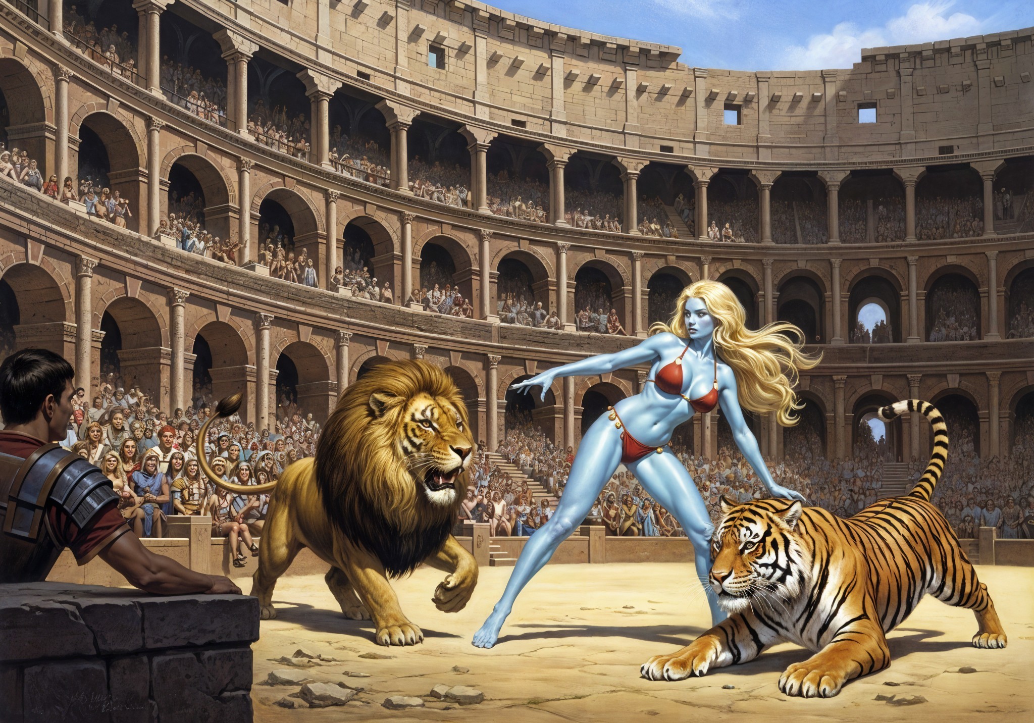 Blue-Skinned Woman Faces Lion and Tiger in Arena