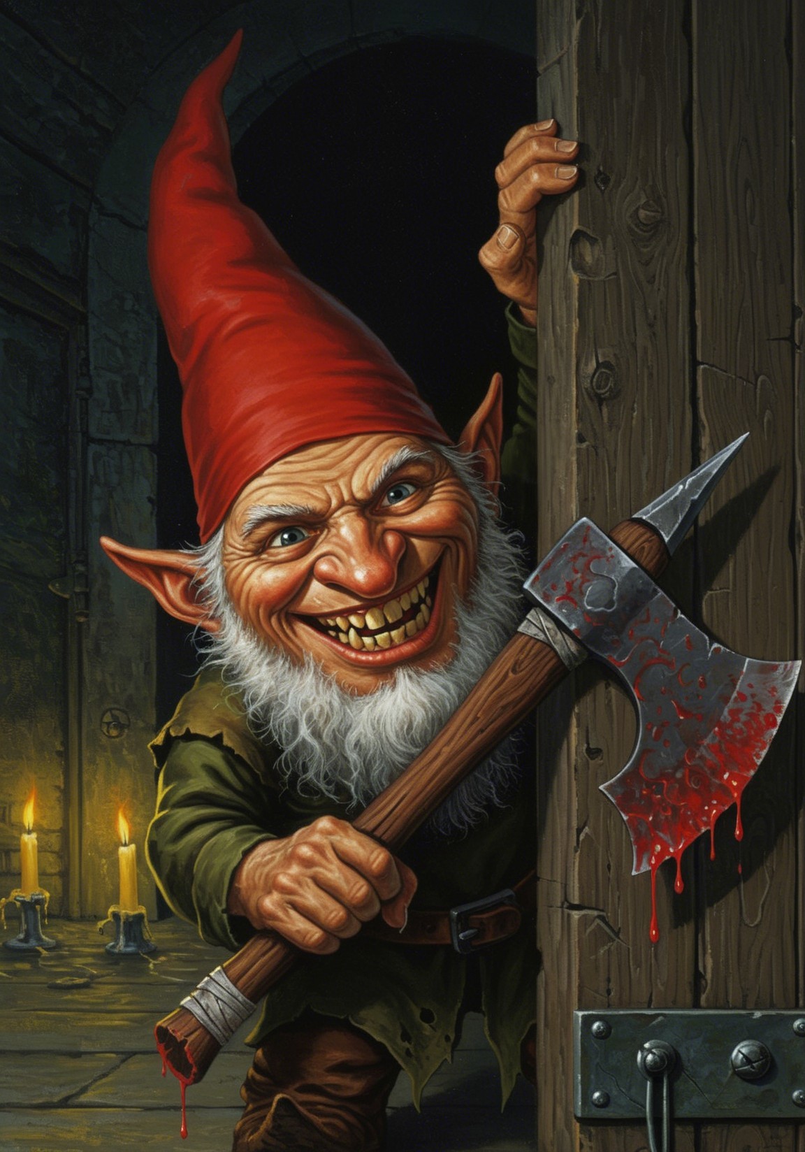 Mischievous gnome with axe behind wooden door