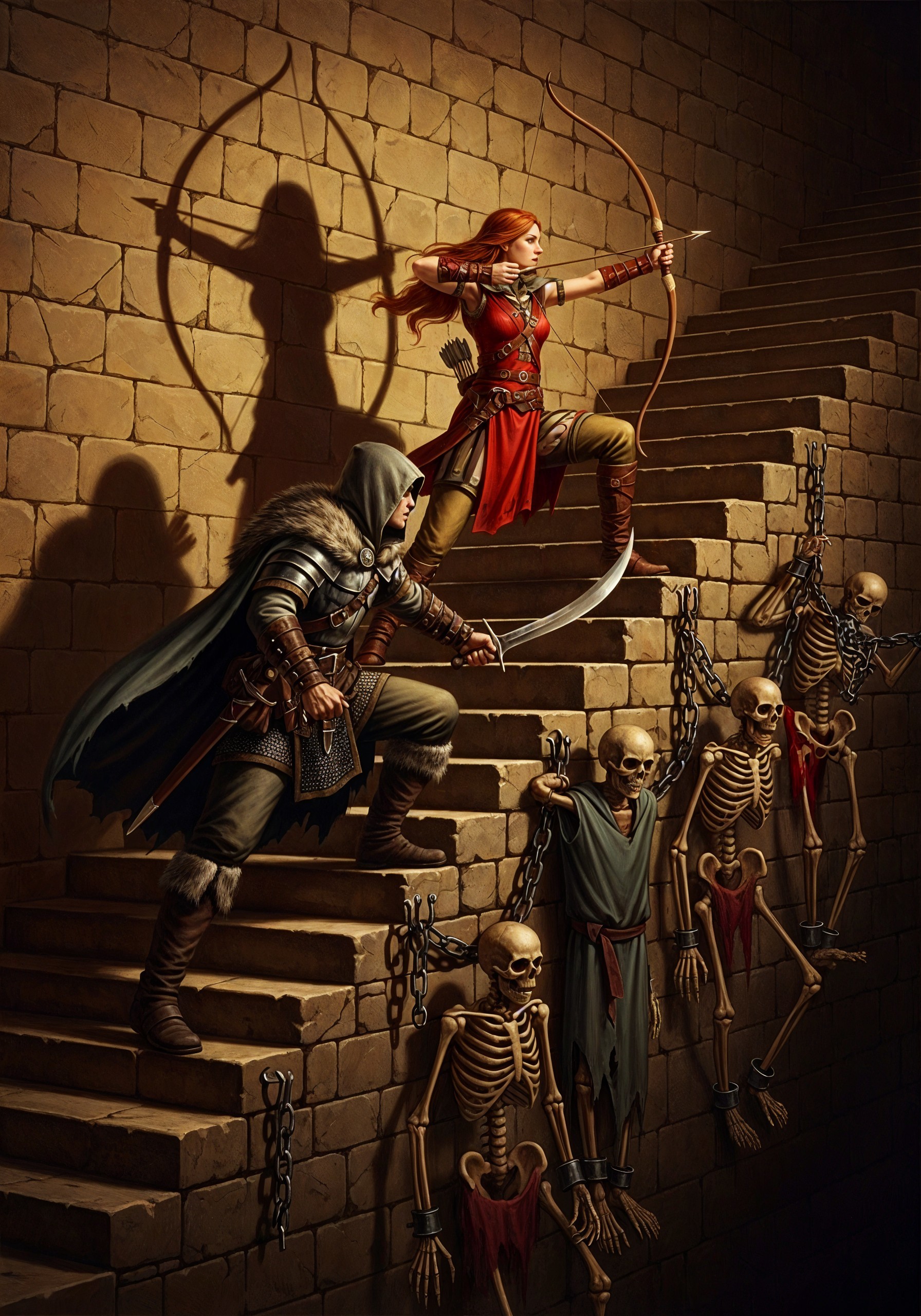 Adventurers in a Stone Chamber with Skeletons Awaiting Fate