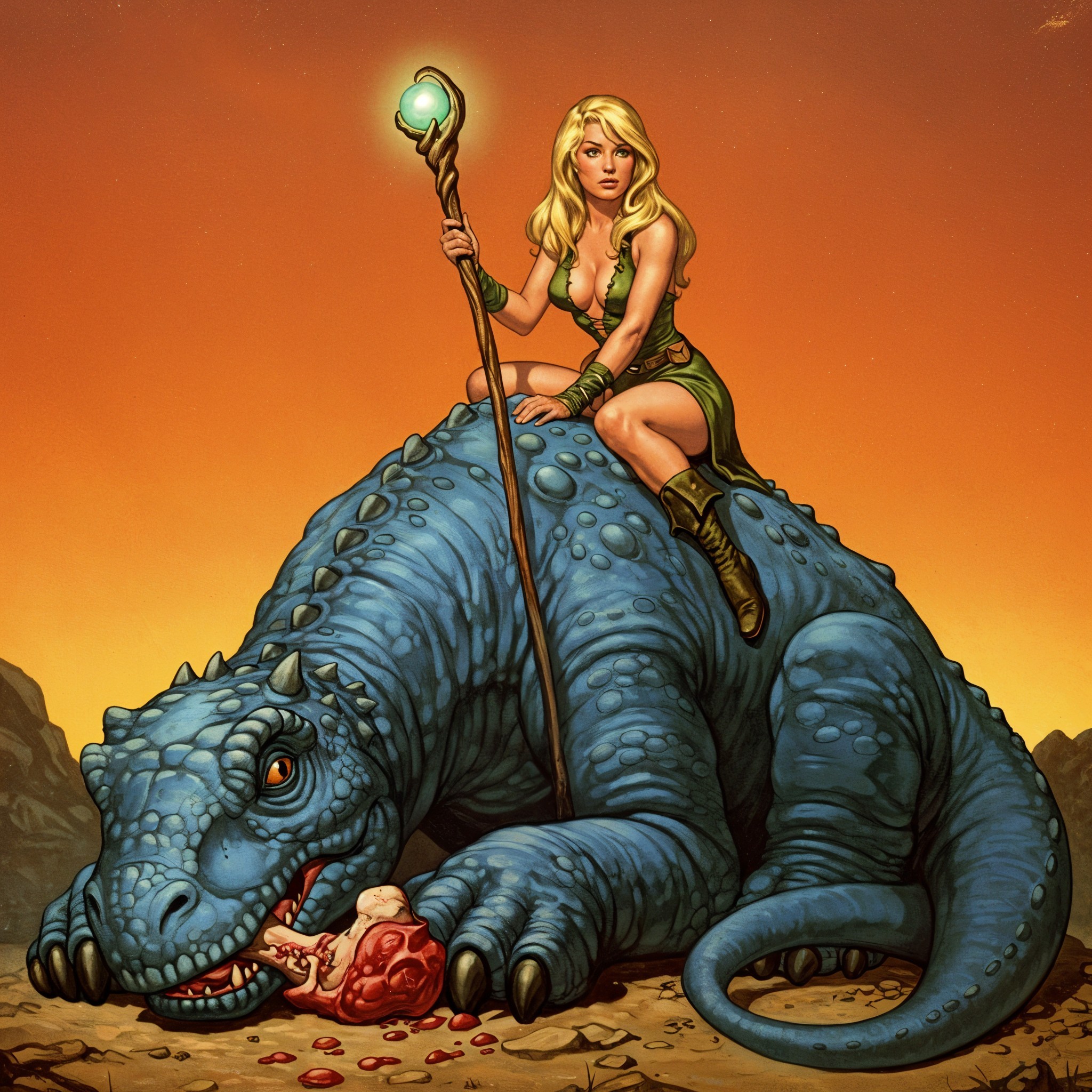Warrior Woman on Blue Creature at Sunset Landscape
