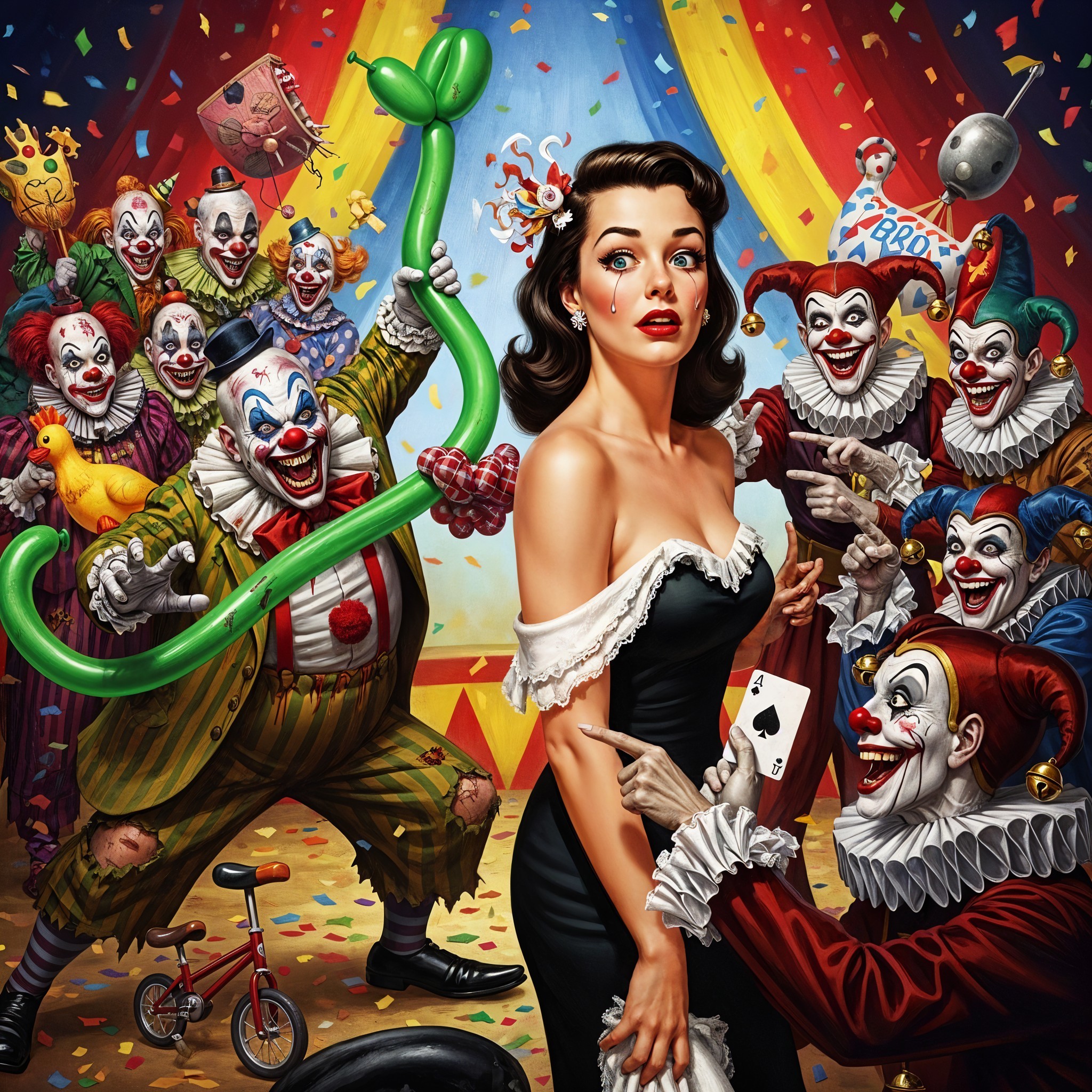 Circus Scene with Glamorous Woman and Colorful Clowns