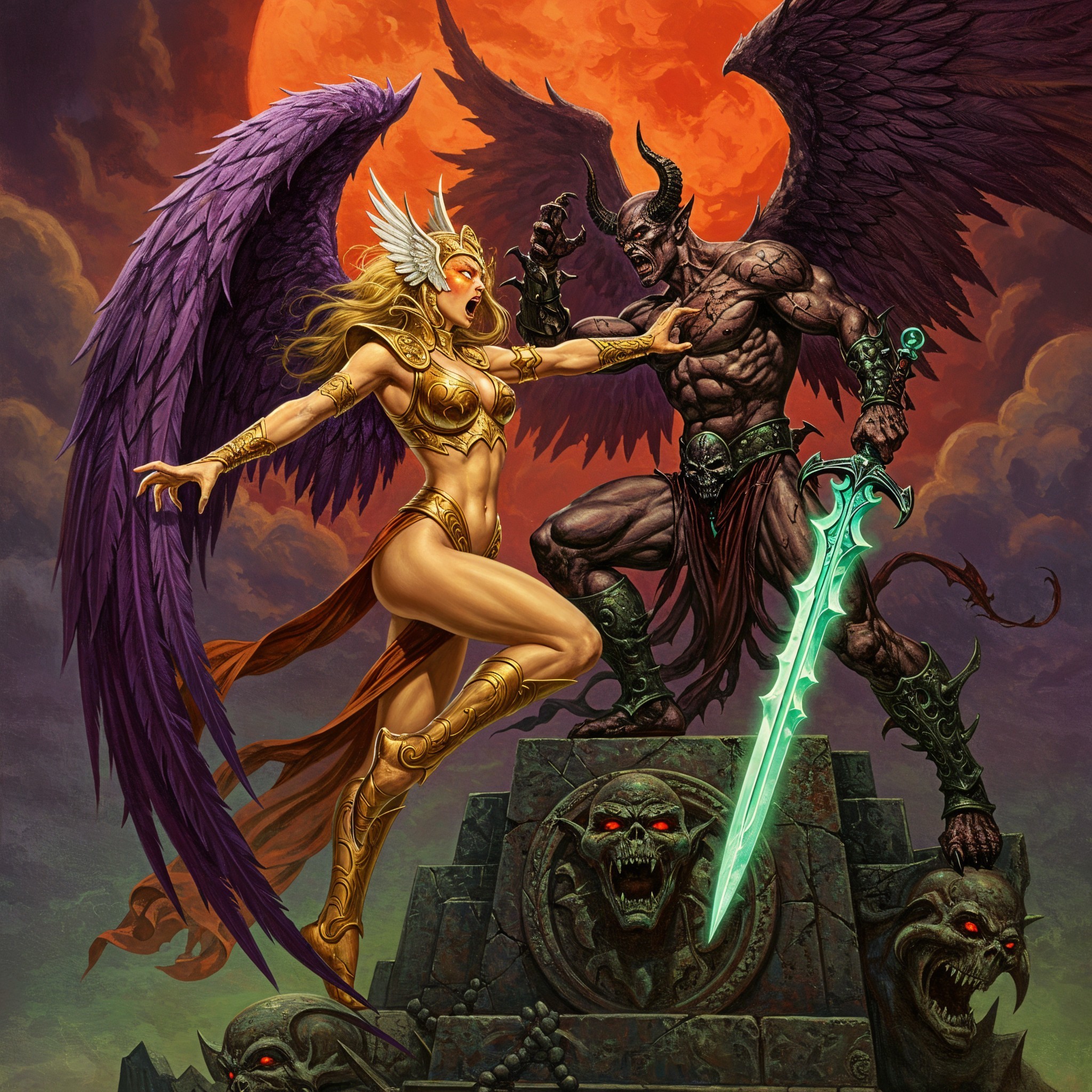 Celestial Conflict Between Angel and Demon in Dark Setting
