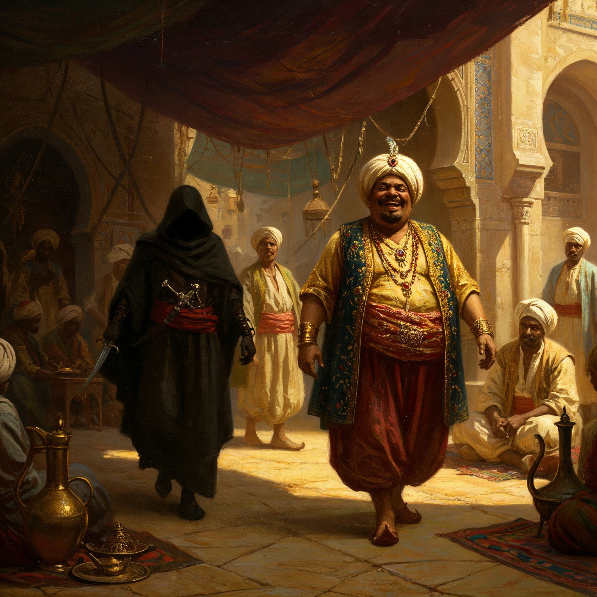 Marketplace Scene with Lavish Attire and Shadows