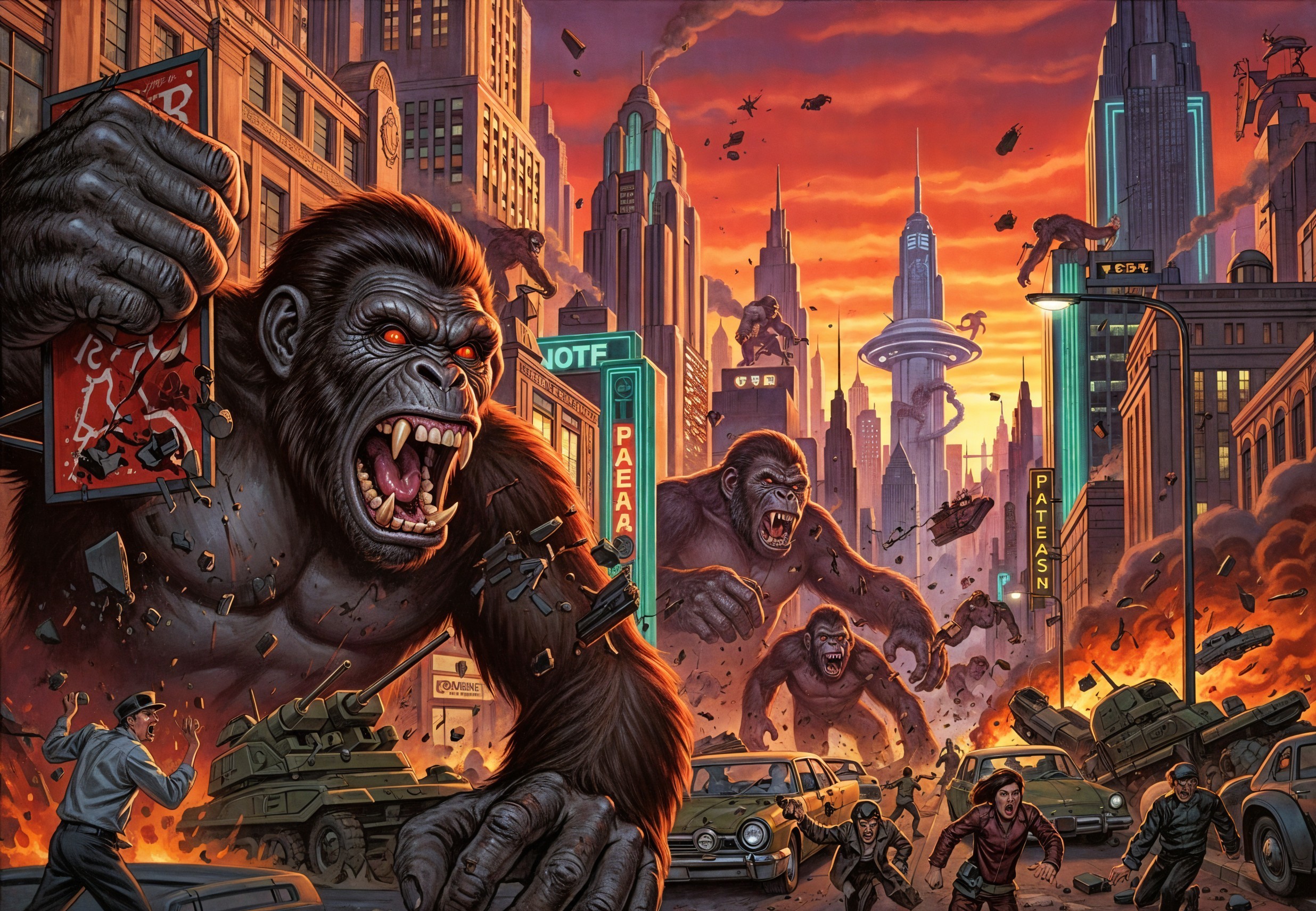 Gorillas Rampaging Through Cityscape at Sunset
