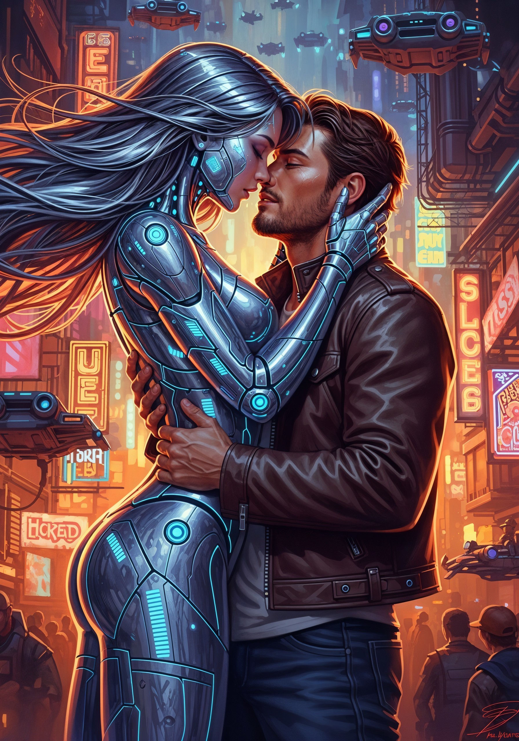 Futuristic Cityscape with Human-Robot Connection