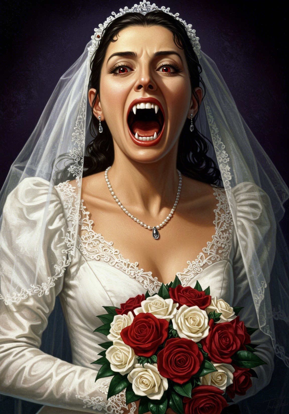 Bride in White Dress with Vampiric Features and Bouquet
