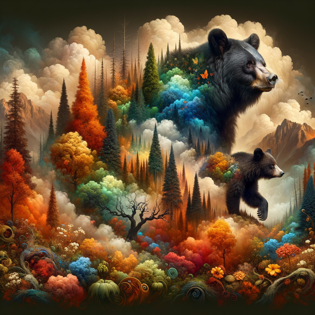Surreal Landscape with Bears and Colorful Clouds