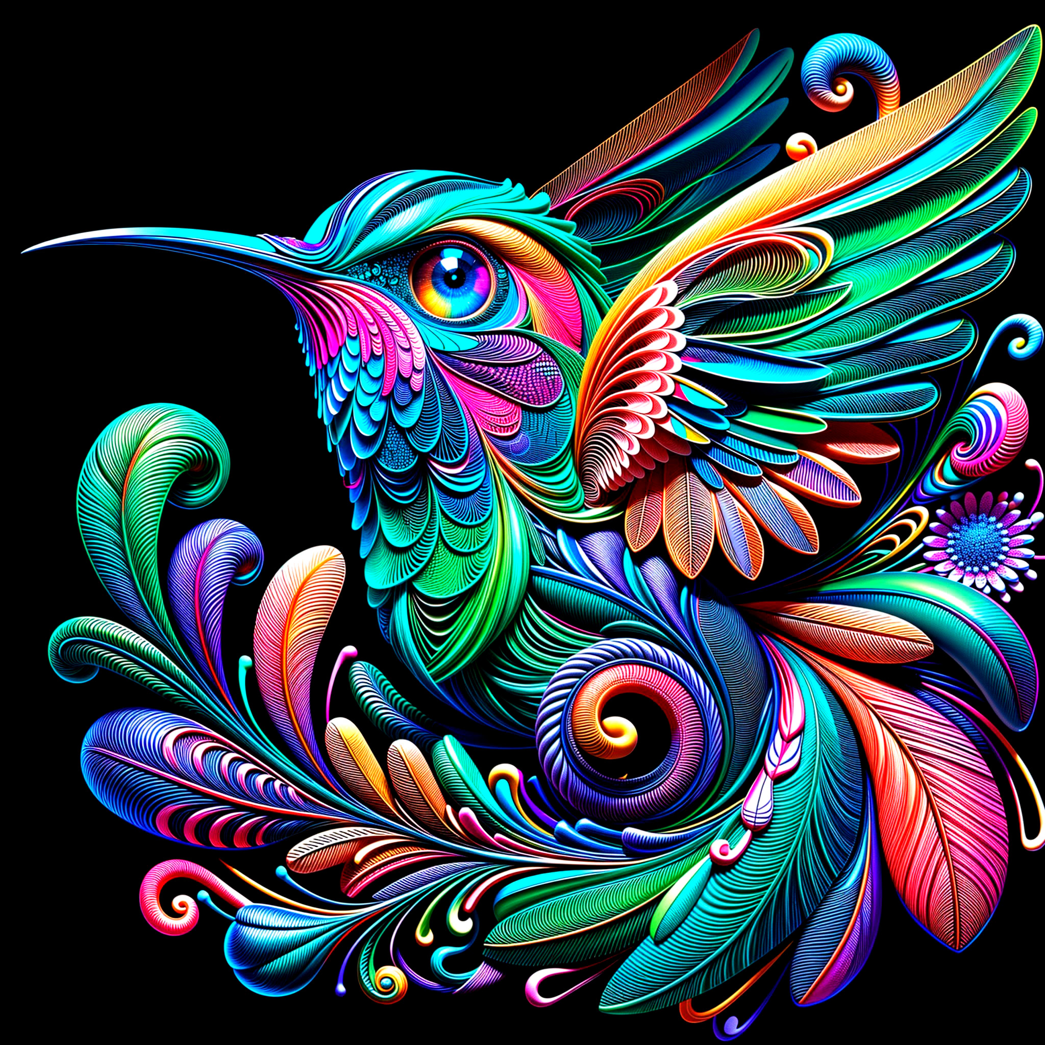 Vibrant Multicolored Hummingbird with Floral Motifs