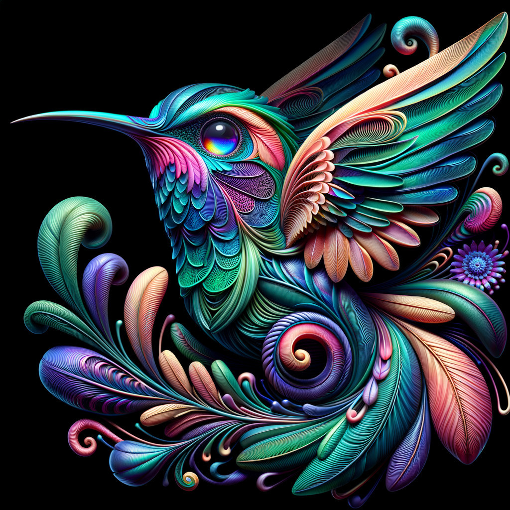 Vivid Hummingbird with Floral Motifs on Black Background