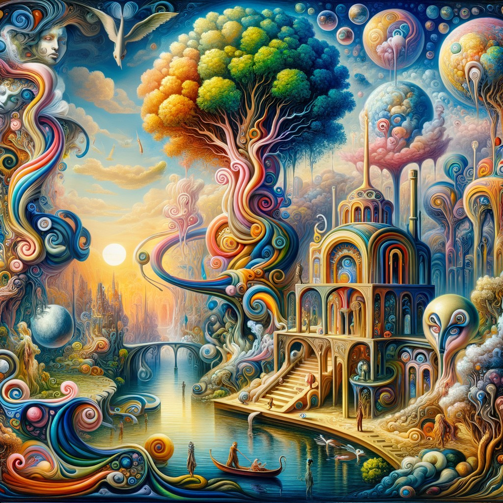 Colorful surreal landscape with whimsical trees and floating orbs