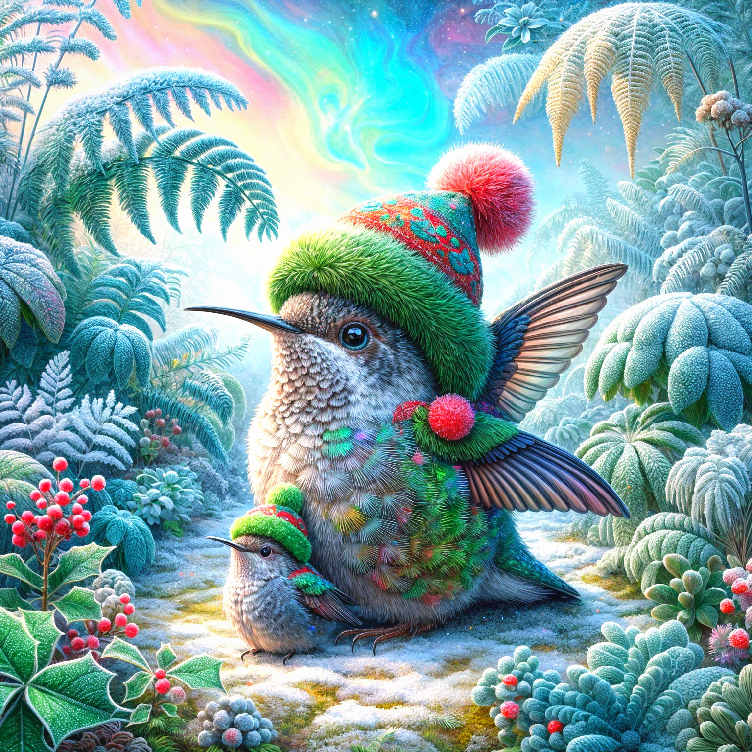 Whimsical Hummingbirds in a Frosty Landscape Scene