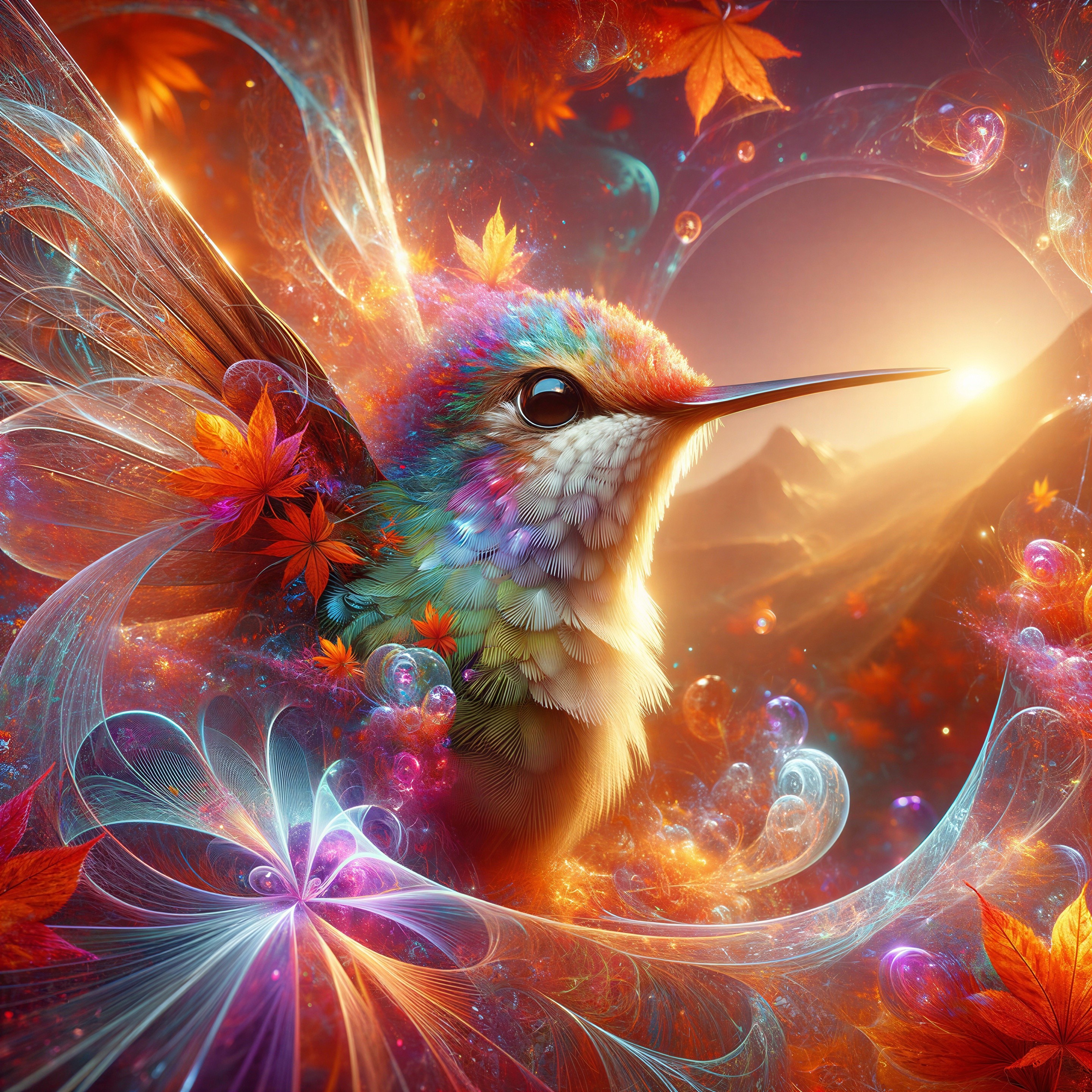 Surreal Hummingbird Amid Colorful Leaves and Swirls