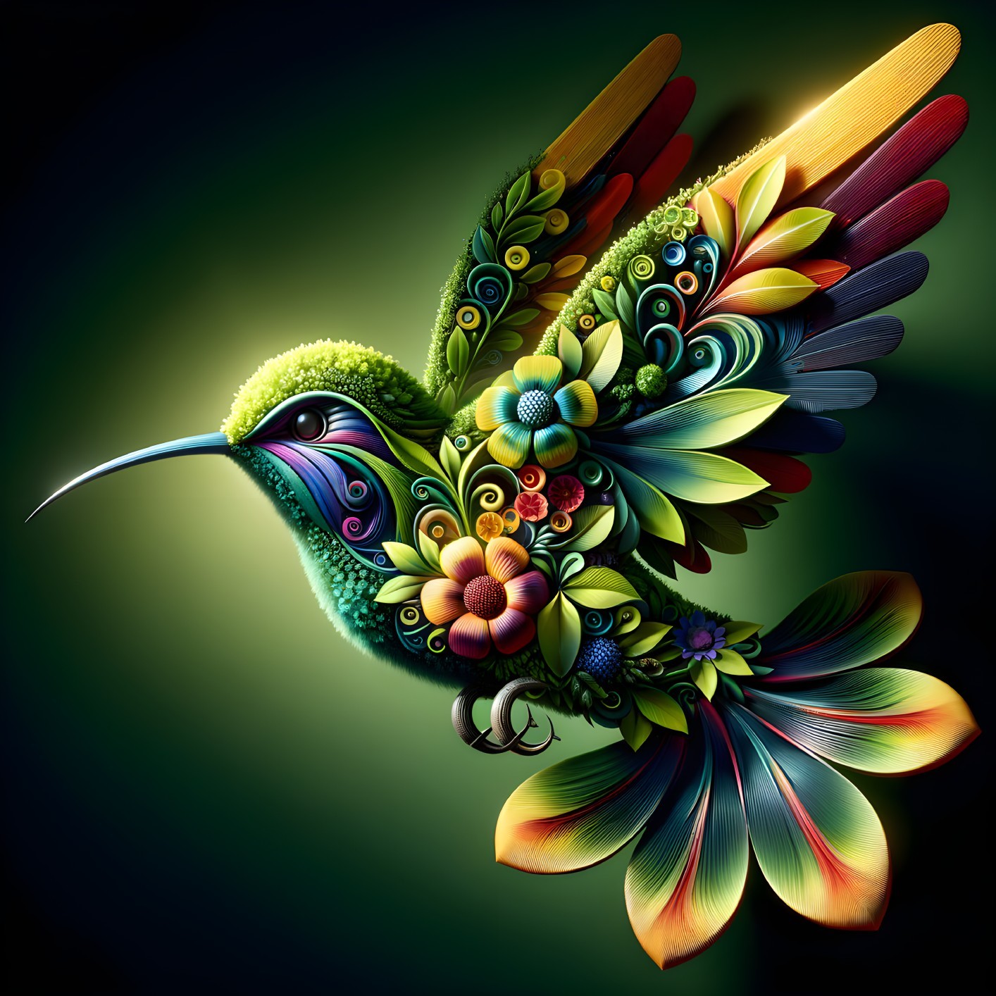 Vibrant Hummingbird with Intricate Floral Patterns