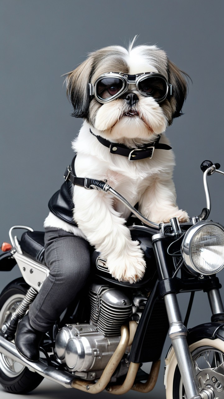 Fashionable Dog in Aviator Goggles on Motorcycle