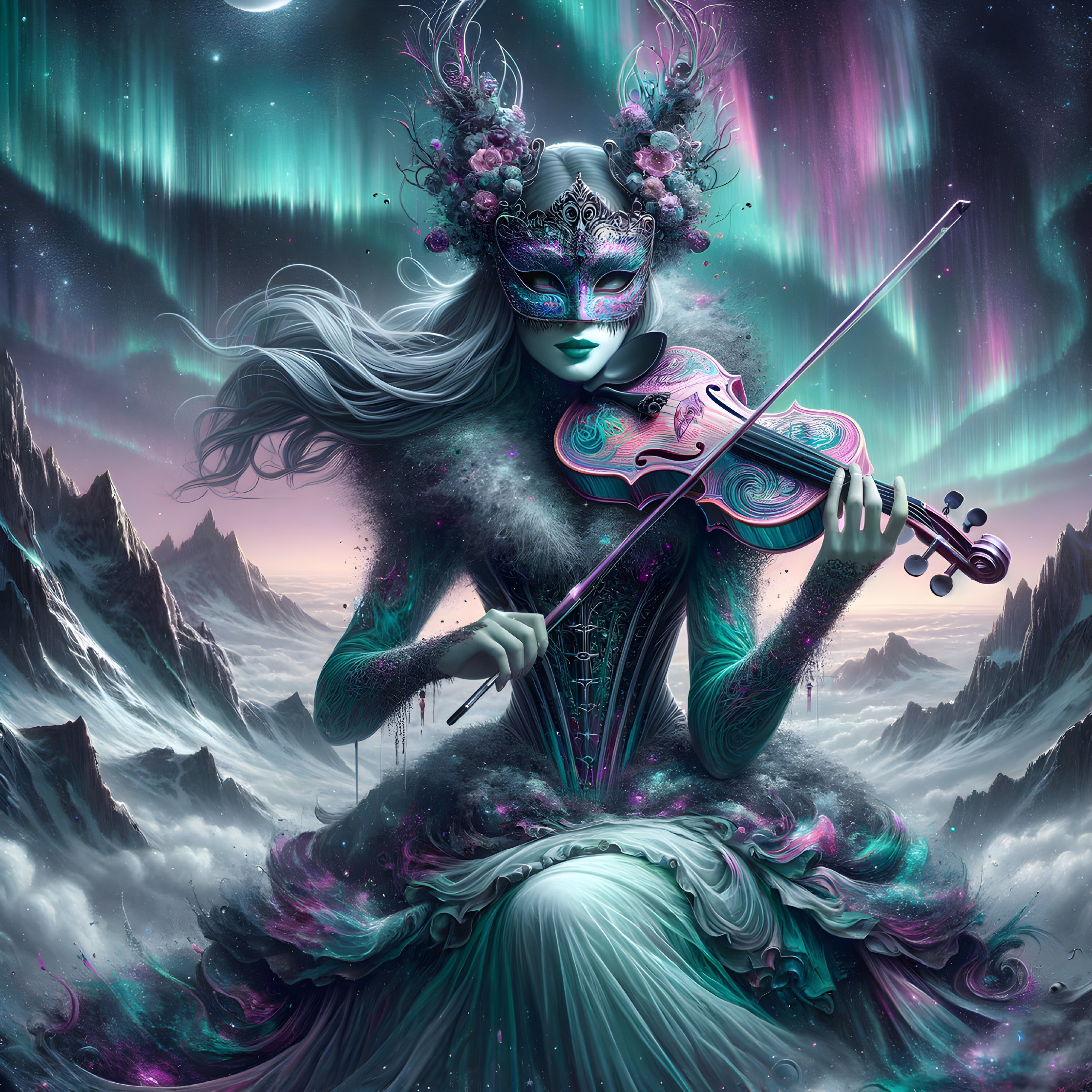 Mystical Figure Playing Violin in Aurora Landscape