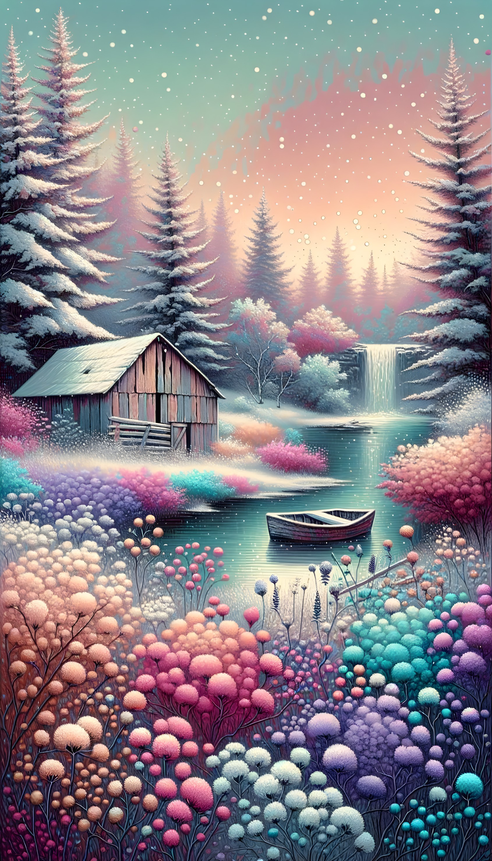 Wooden Cabin by Waterway in Colorful Landscape