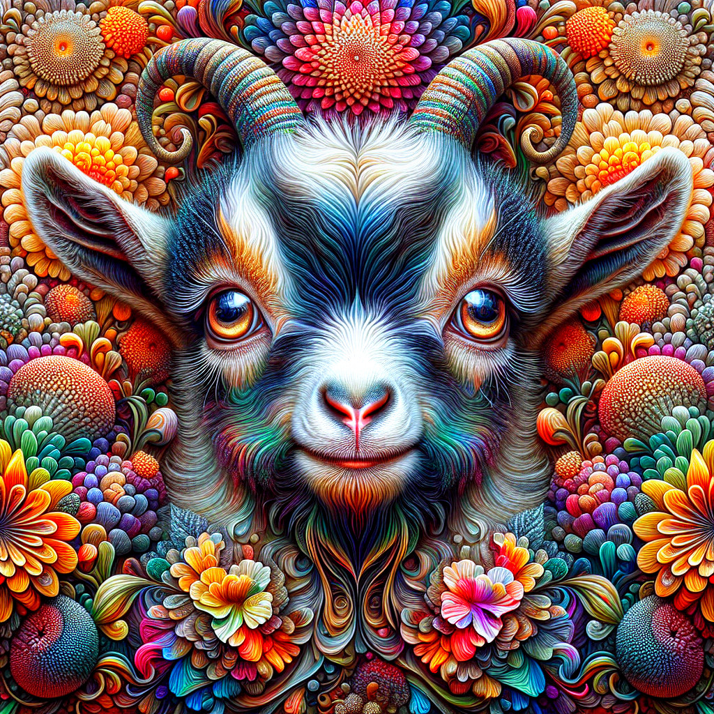 Intricate Goat's Face Surrounded by Colorful Flowers
