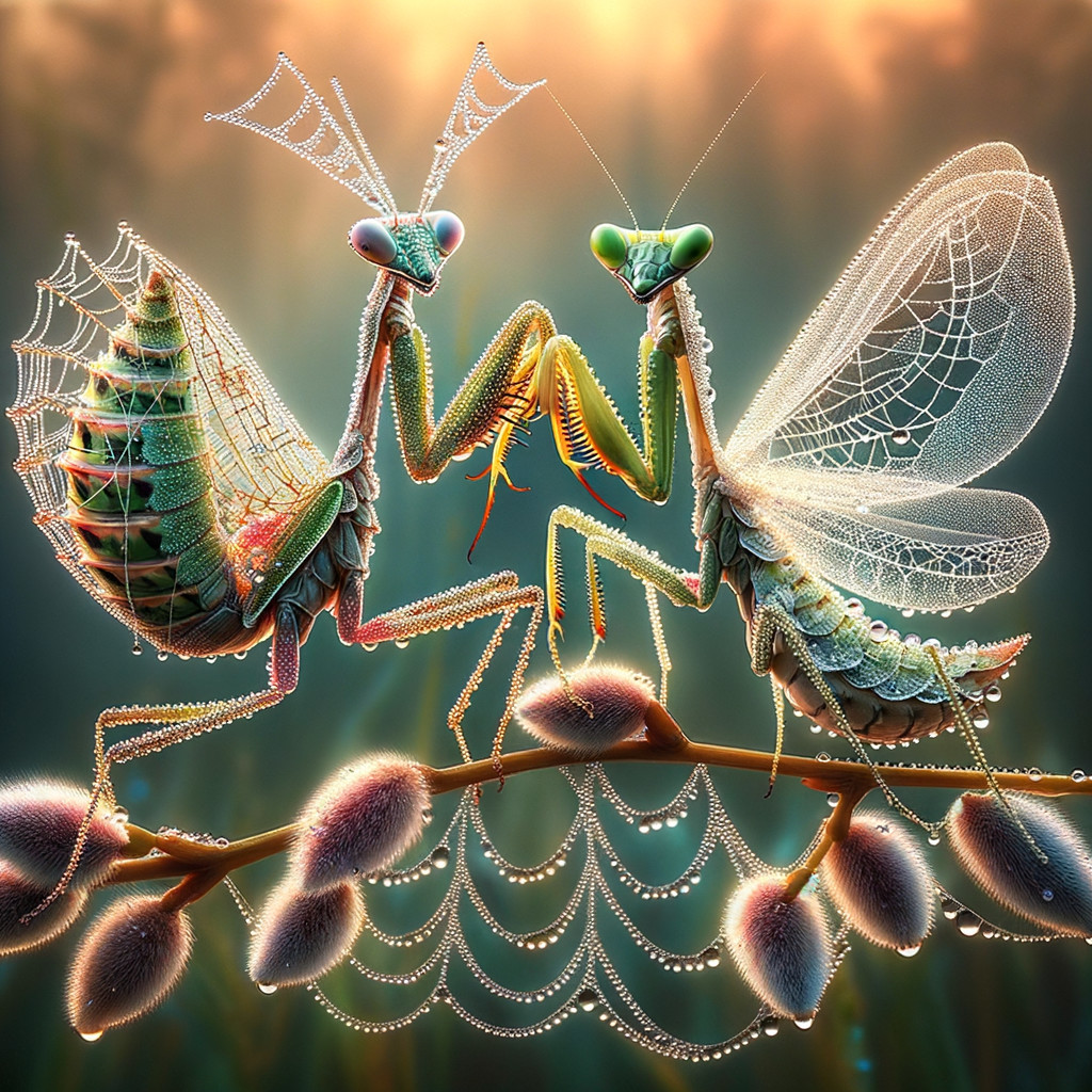 Intricate Praying Mantises on a Branch with Dewdrops