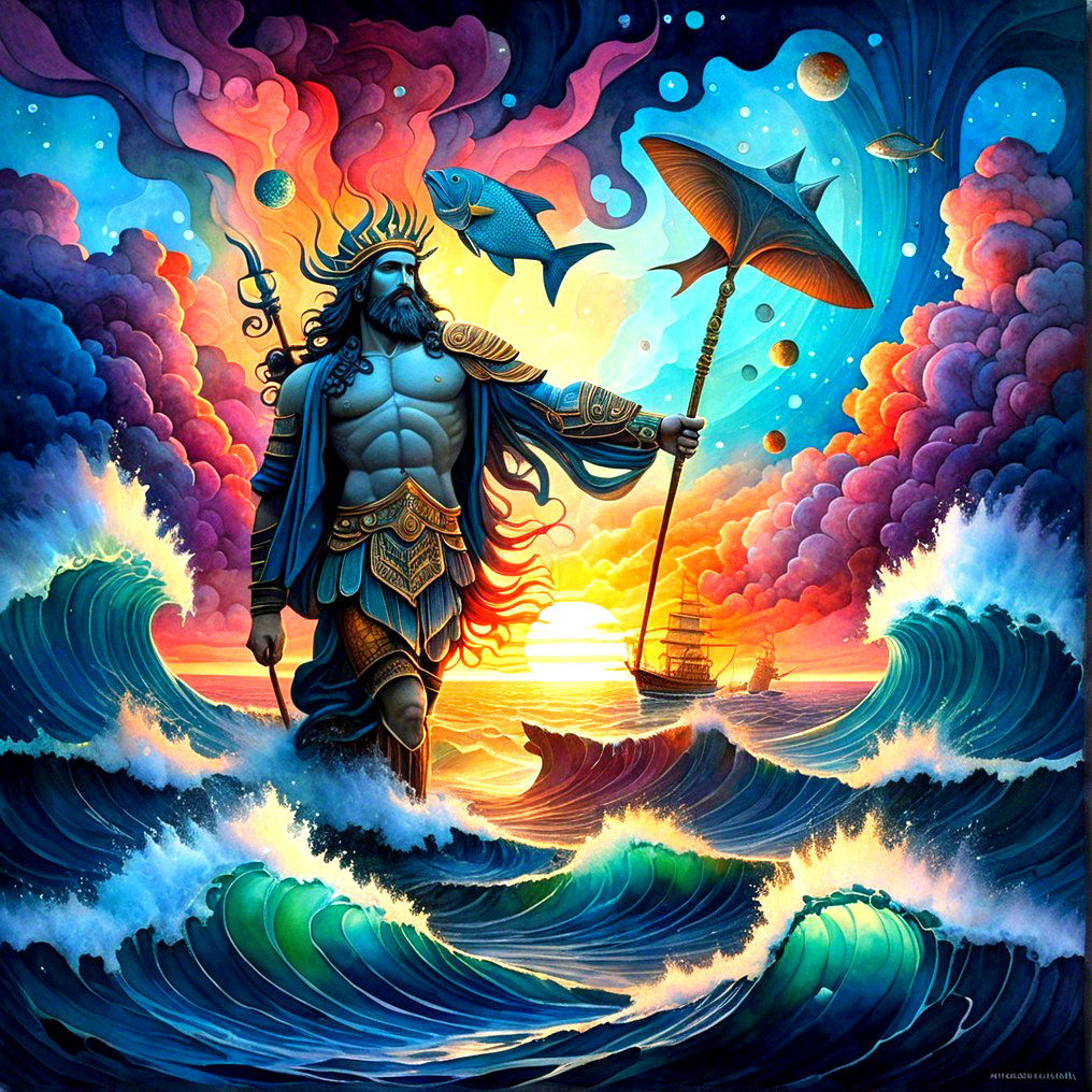 Majestic Figure on Ocean Waves with Trident and Umbrella