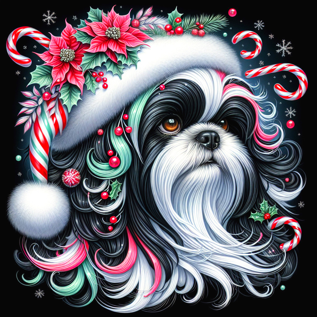 Festive Black and White Dog in Christmas Setting