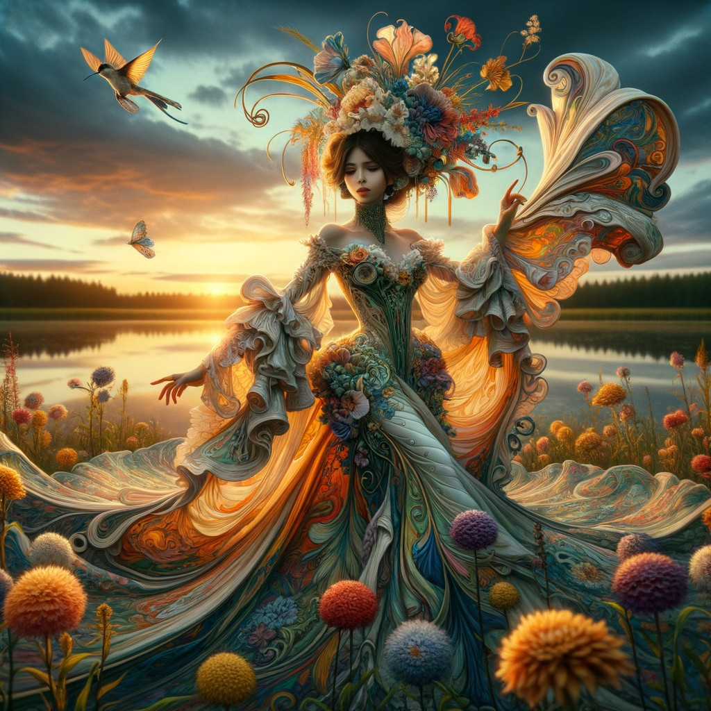 Woman in Floral Dress Surrounded by Flowers and Butterflies at Sunset