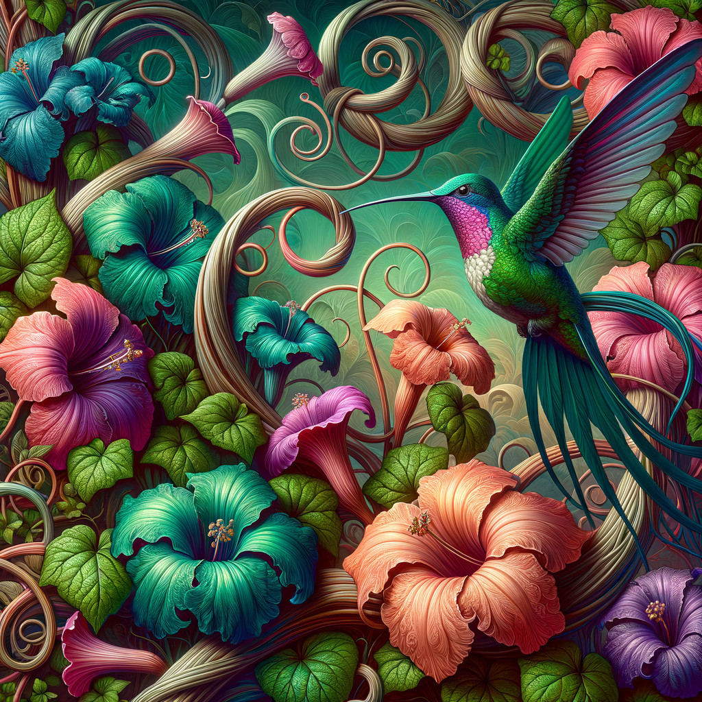Vibrant Tapestry of Tropical Flora and Hummingbird