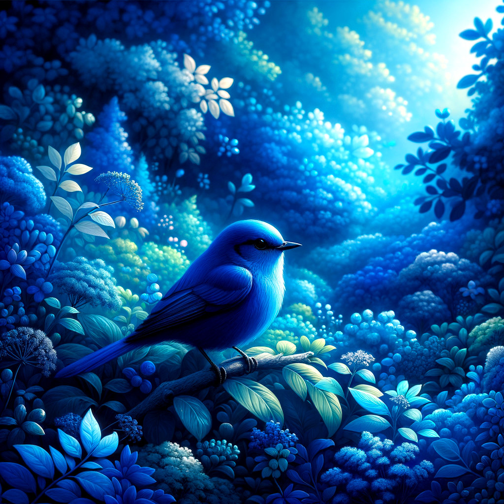 Vibrant Blue Bird in Lush Ethereal Landscape