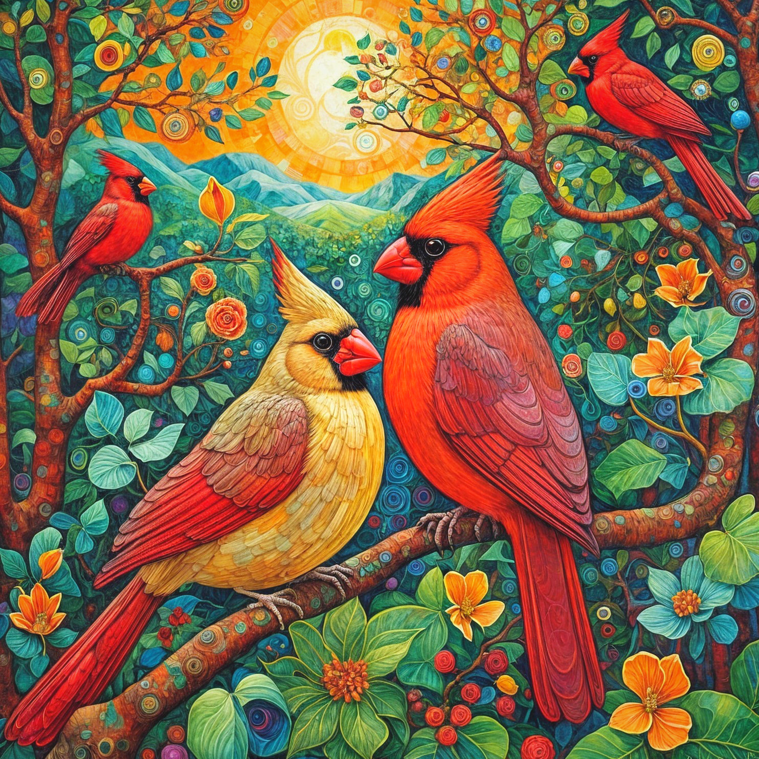 Cardinals in Colorful Nature Scene with Lush Greenery