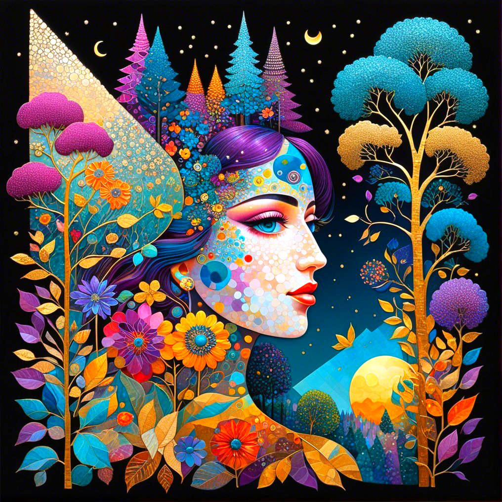 Colorful Portrait of a Woman Intertwined with Nature