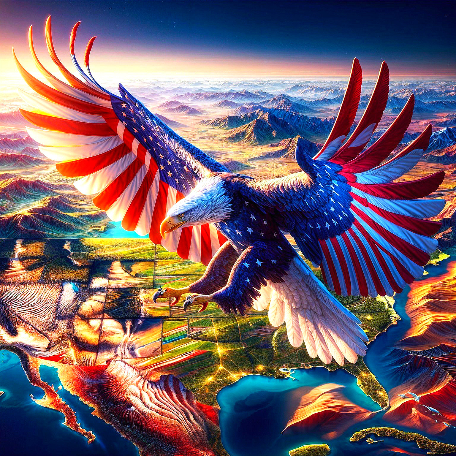 Eagle Soaring Over Vibrant Landscape at Sunset