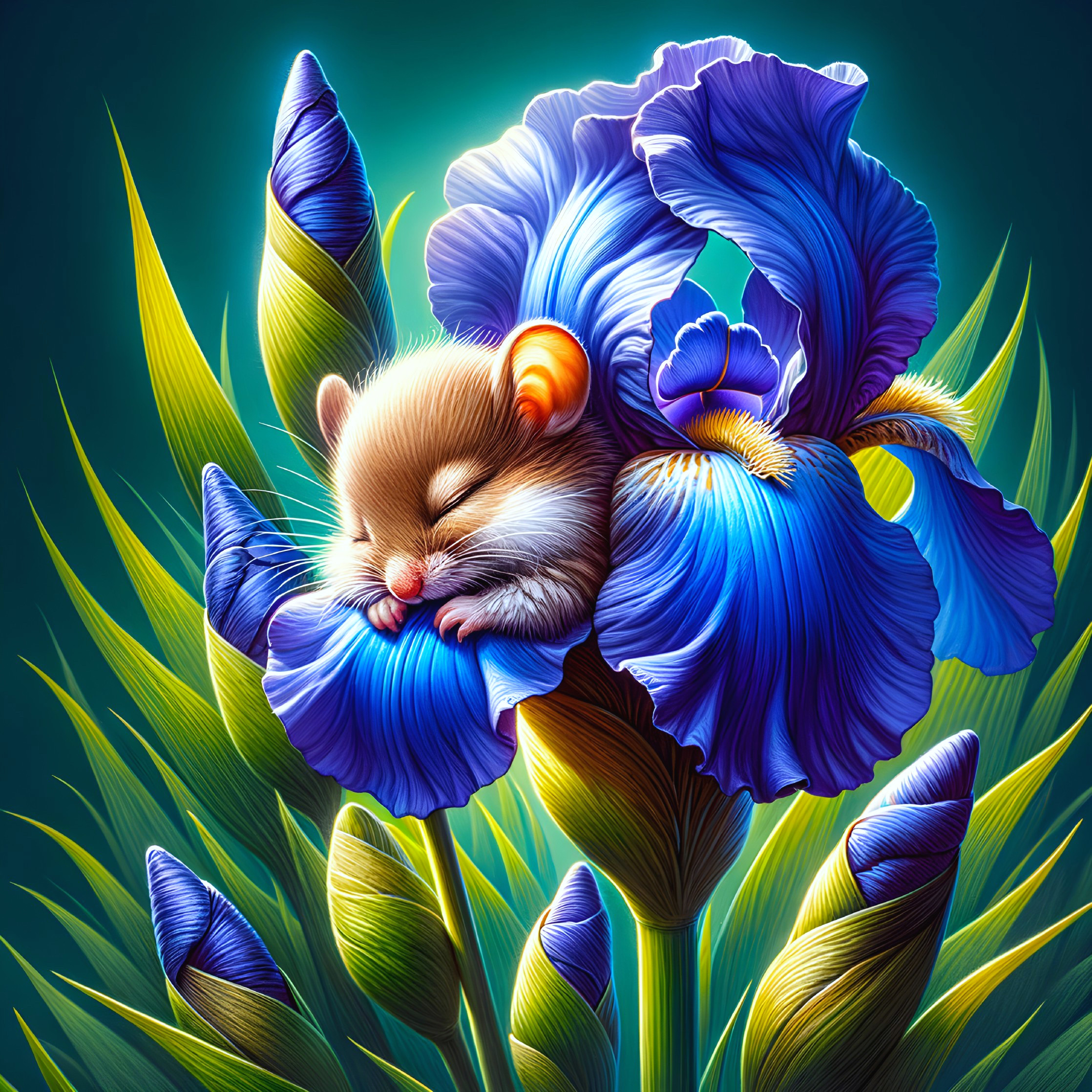 Mouse Nestled in Vibrant Blue Iris Flower Petals