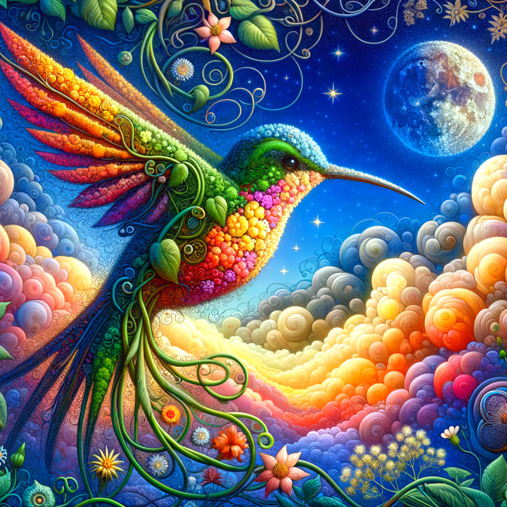 Vibrant hummingbird art in whimsical sky with moon