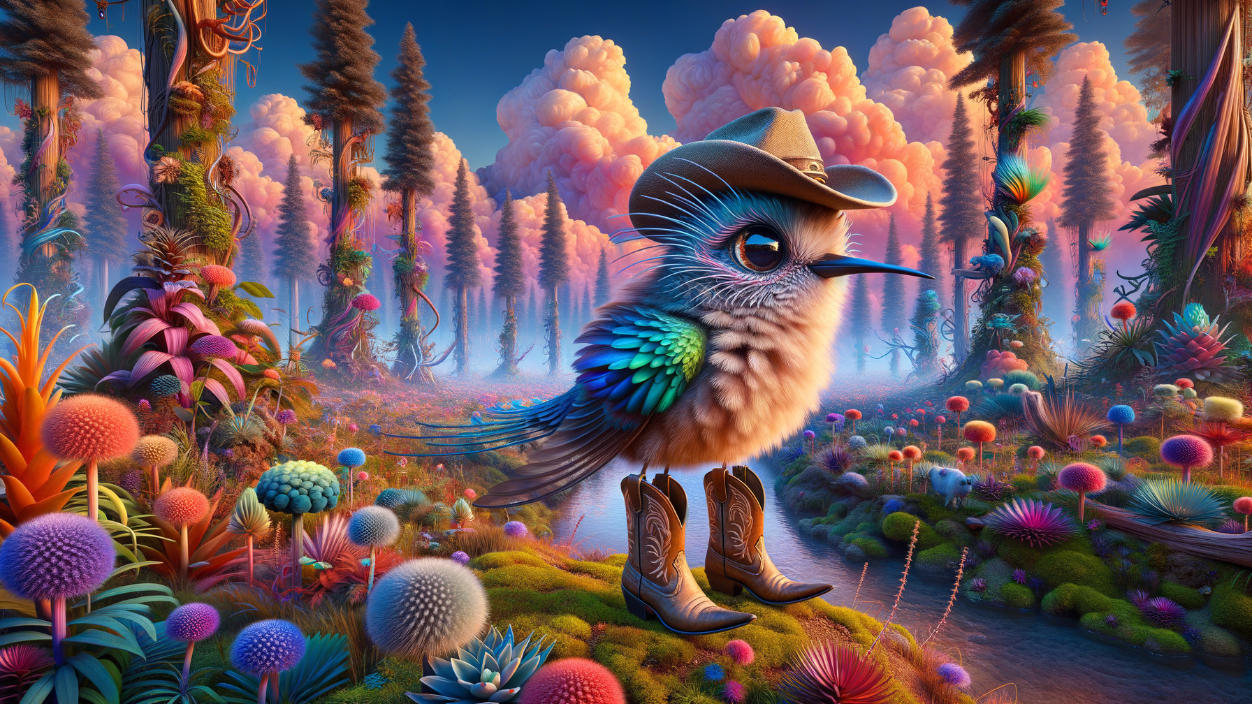 Fluffy Bird in Cowboy Hat Among Surreal Flora