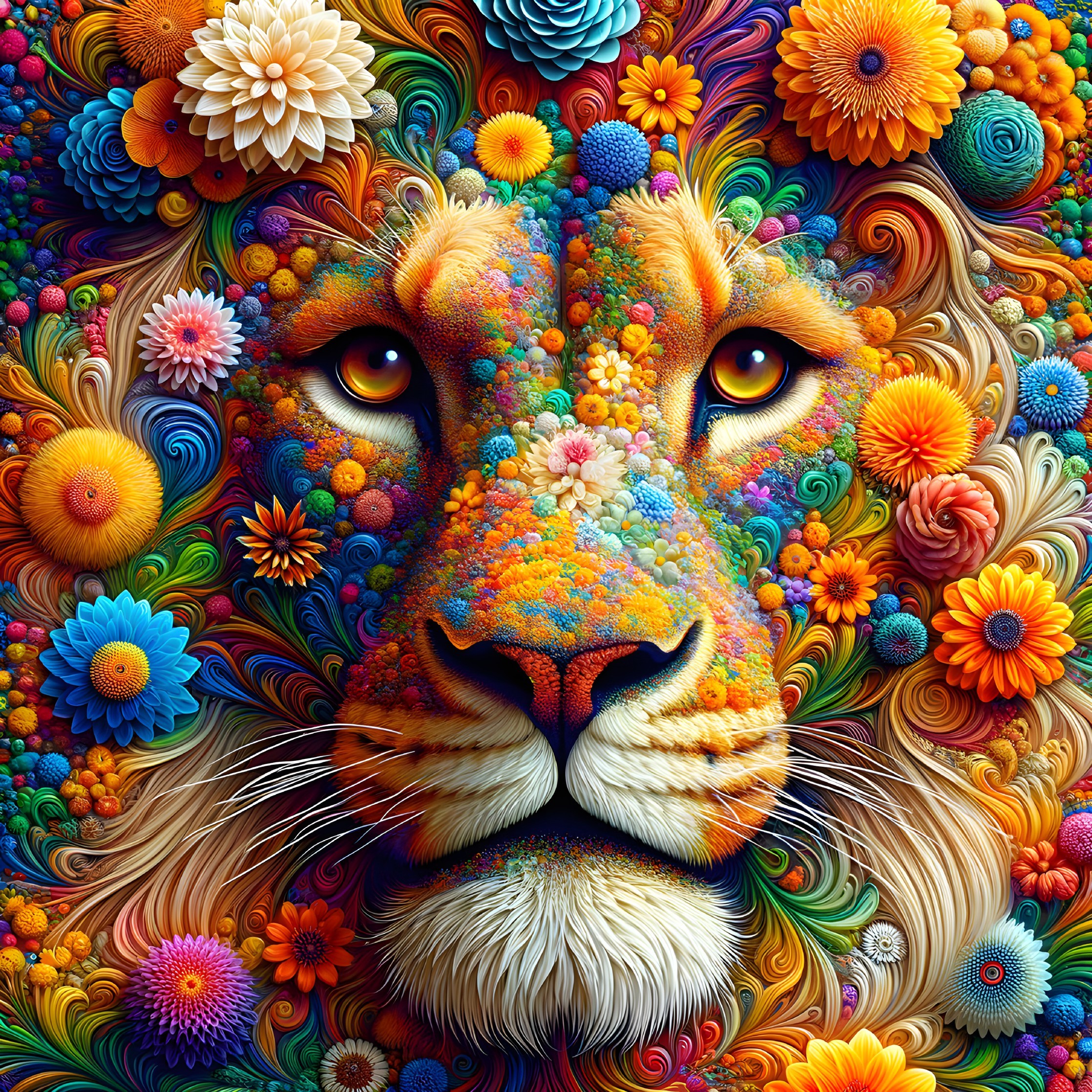 Vibrant Lion's Face with Flowers and Abstract Patterns