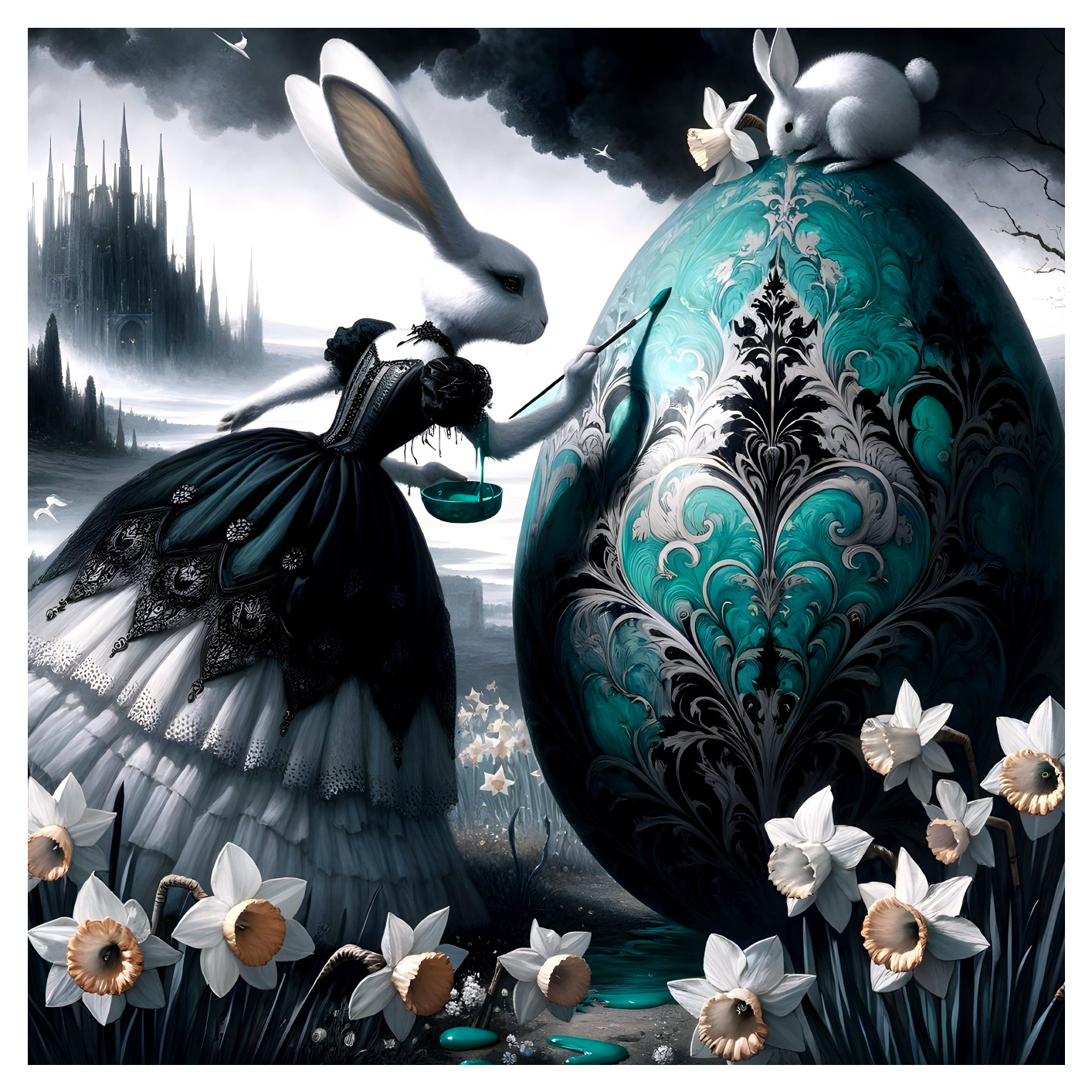 Giant Rabbit Painting Ornate Egg in Surreal Landscape