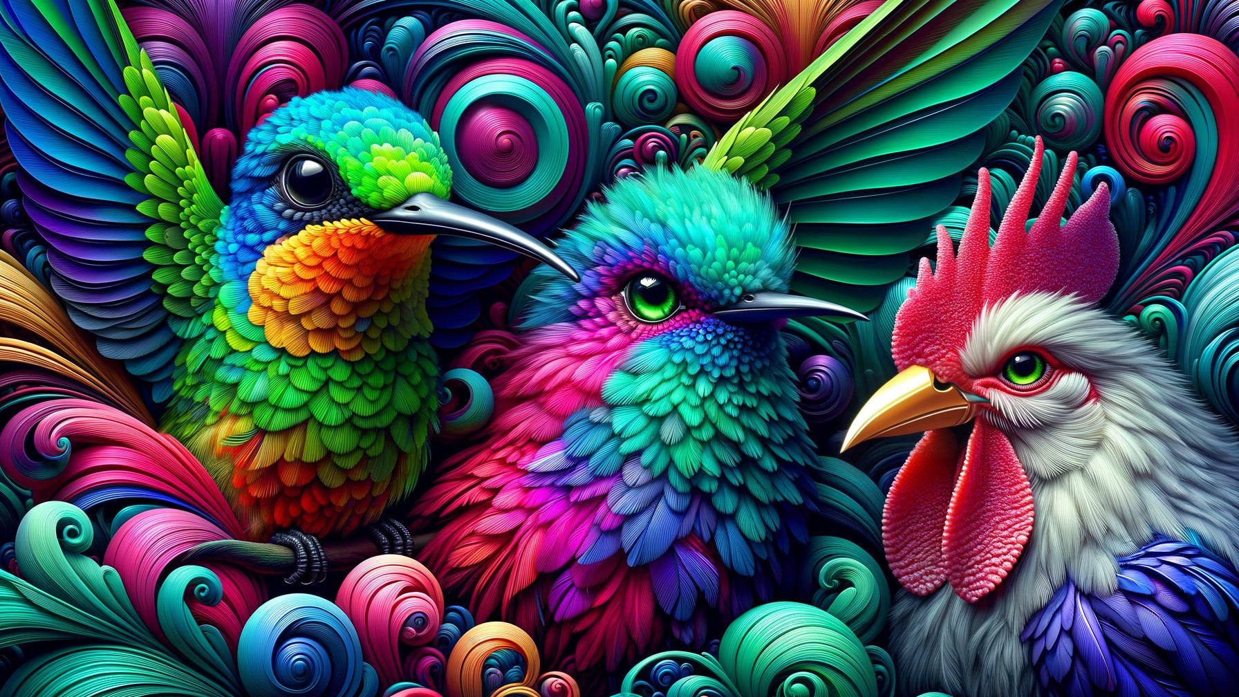 Colorful Illustration of Three Stylized Birds