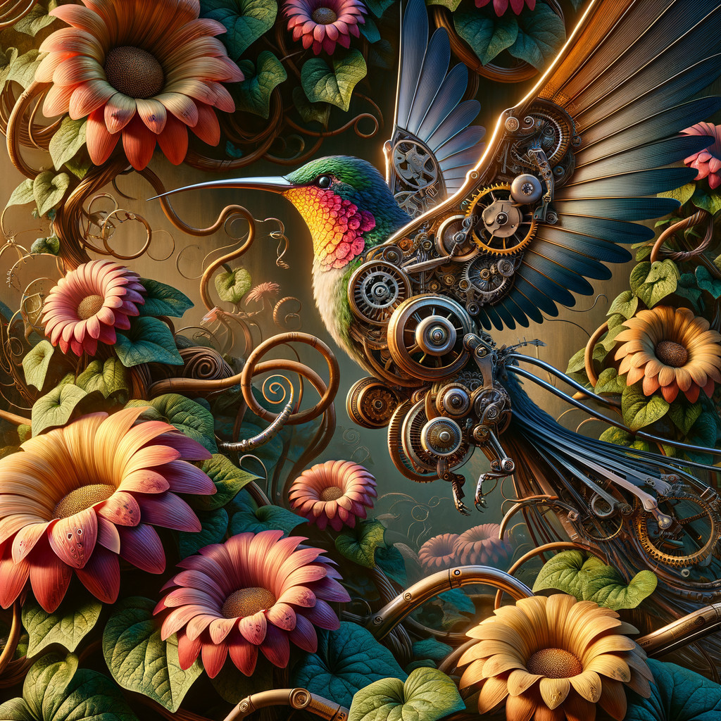 Steampunk Hummingbird Among Lush Flowers and Vines