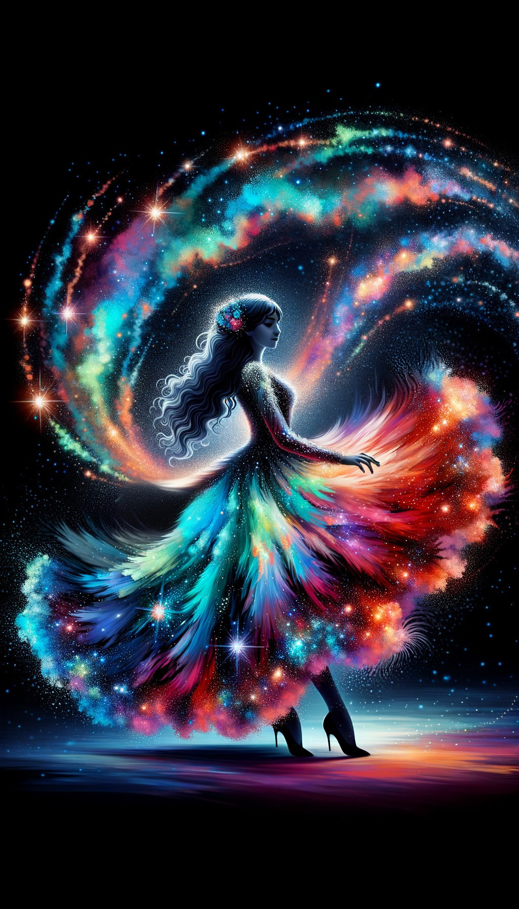 Vibrant galaxy-themed dress spins on starry background